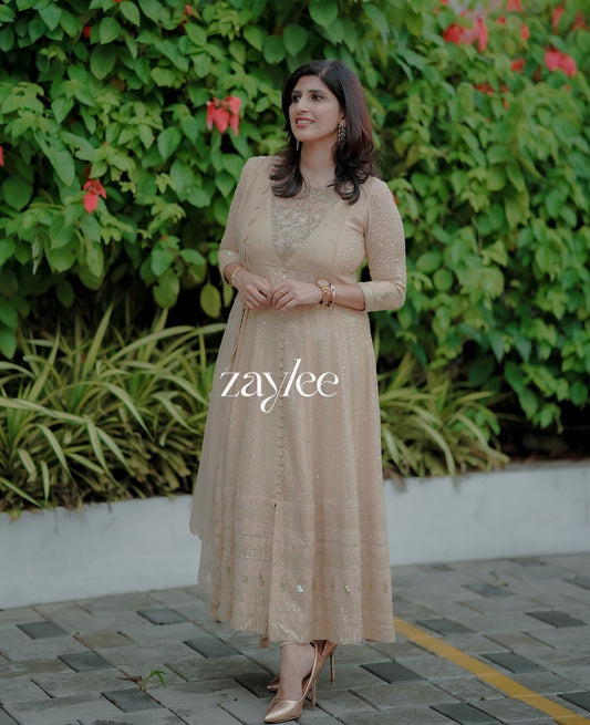 Beige Chikankari Anarkali With Highlights
