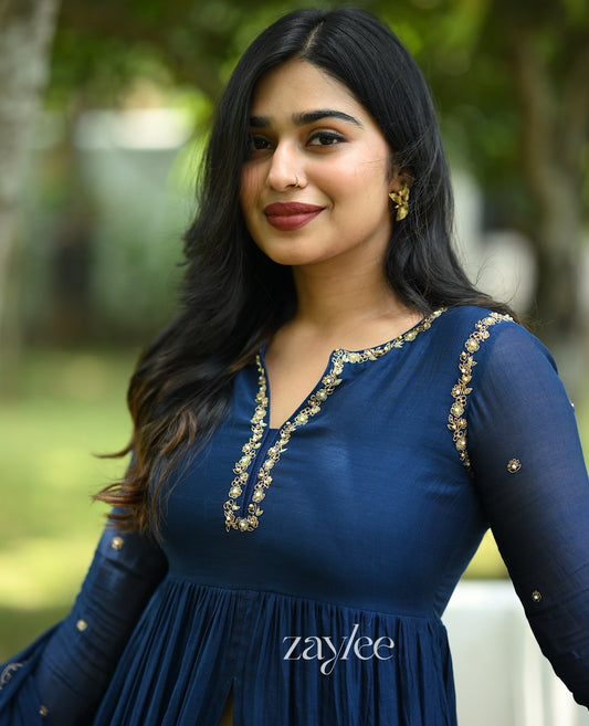 Midnight Blue Chandheri Silk Kurta & Pants