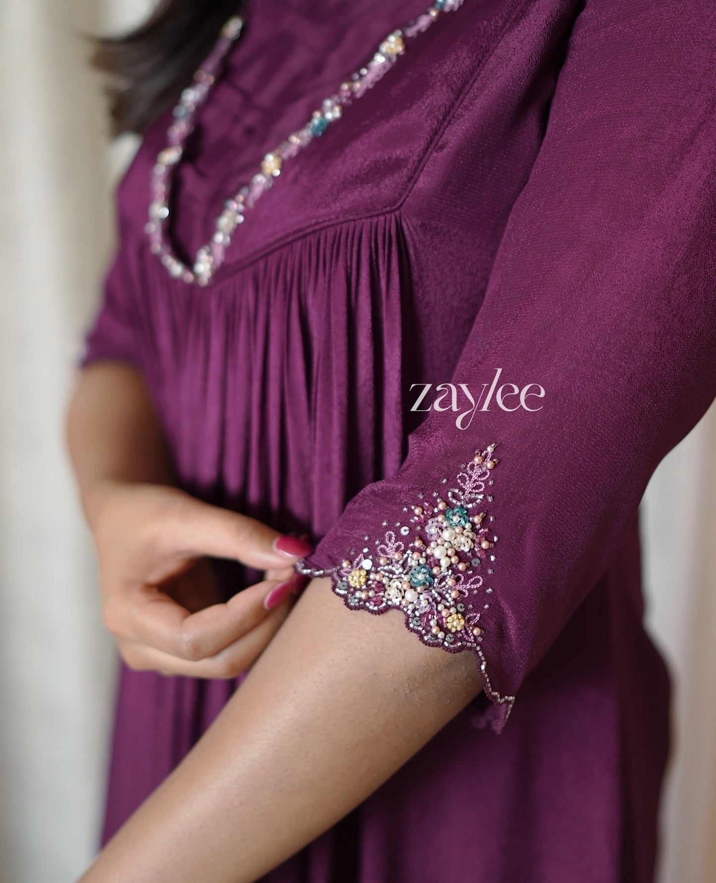 Wine Kurta with Bead Embellishments