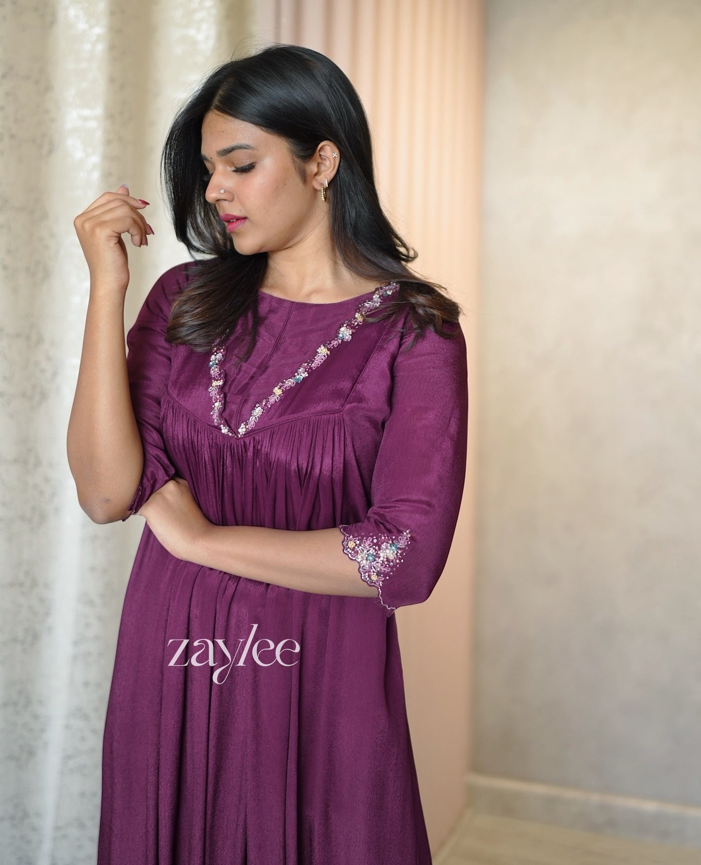 Wine Kurta with Bead Embellishments