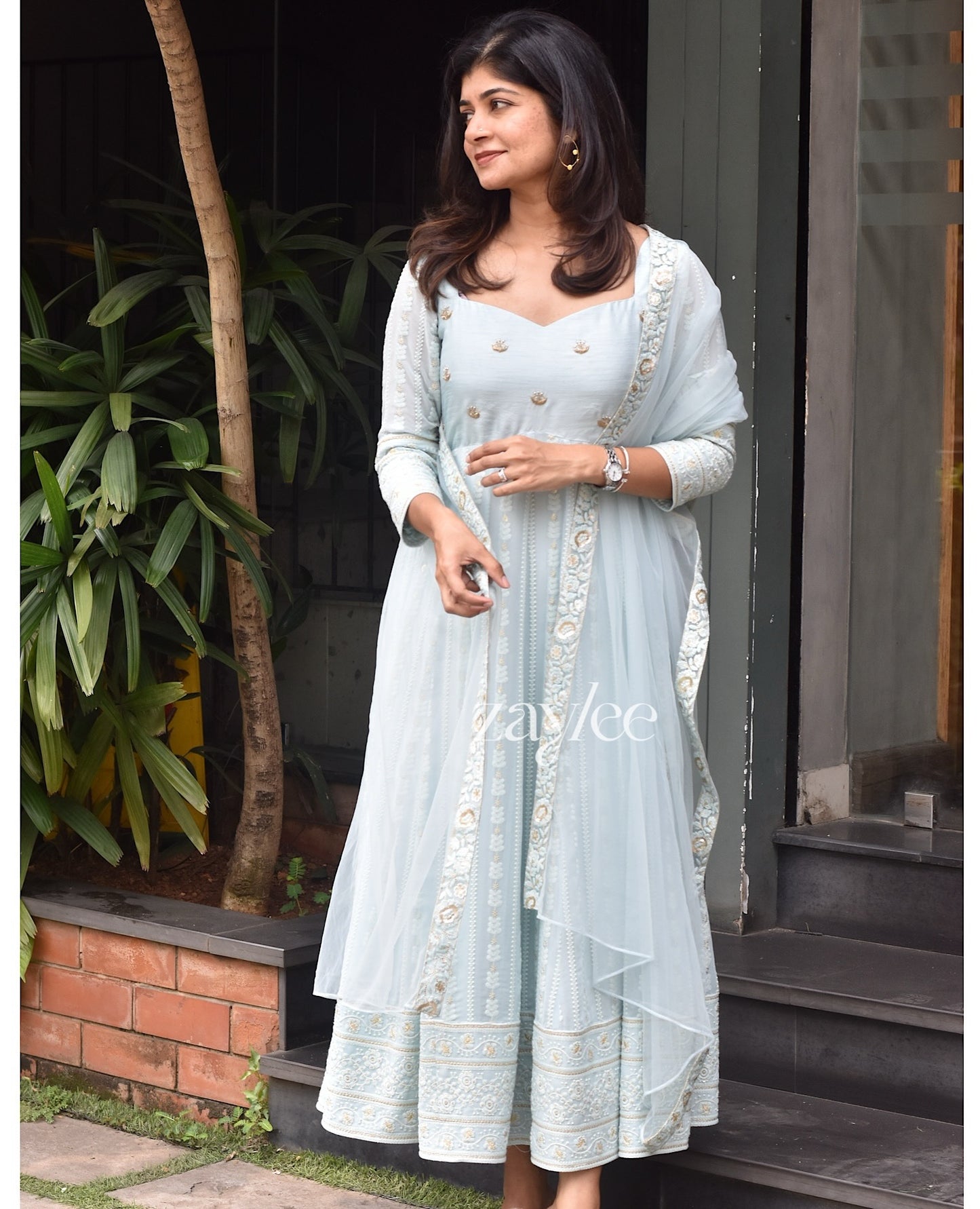 Powder Blue Chikankari Panel Anarkali & Net dupatta