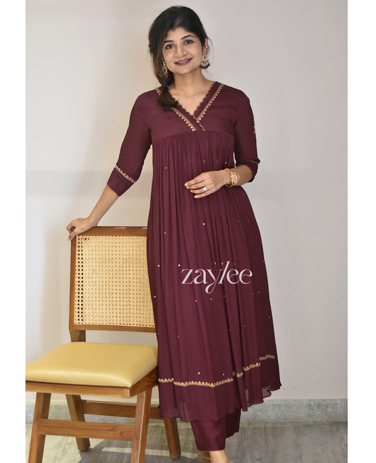Deep Brown Gathered Kurta with Scalloped Neckline