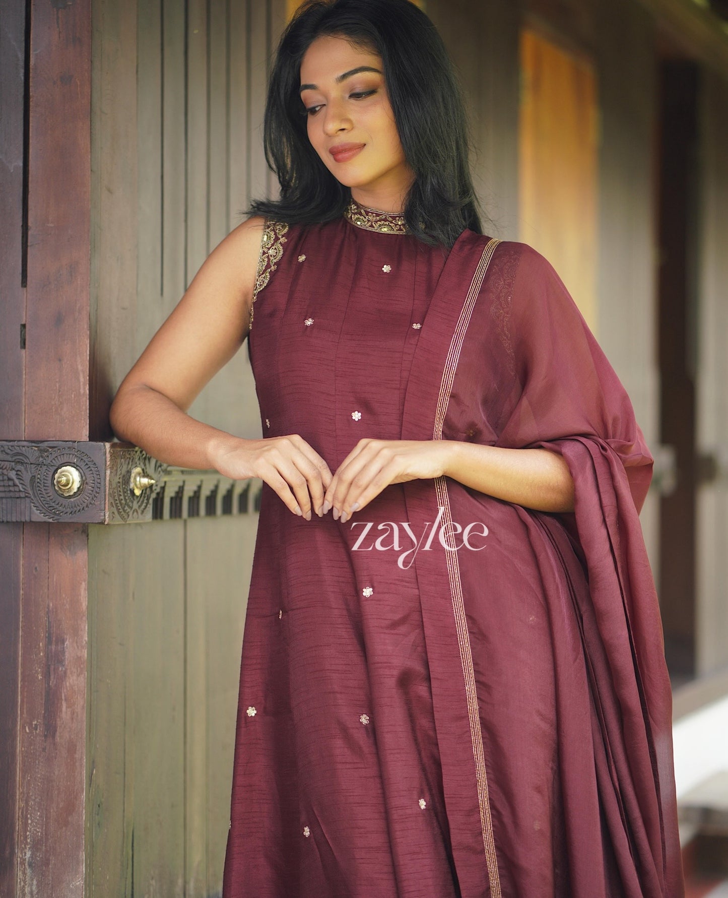 Brown Embellished Panelled Anarkali