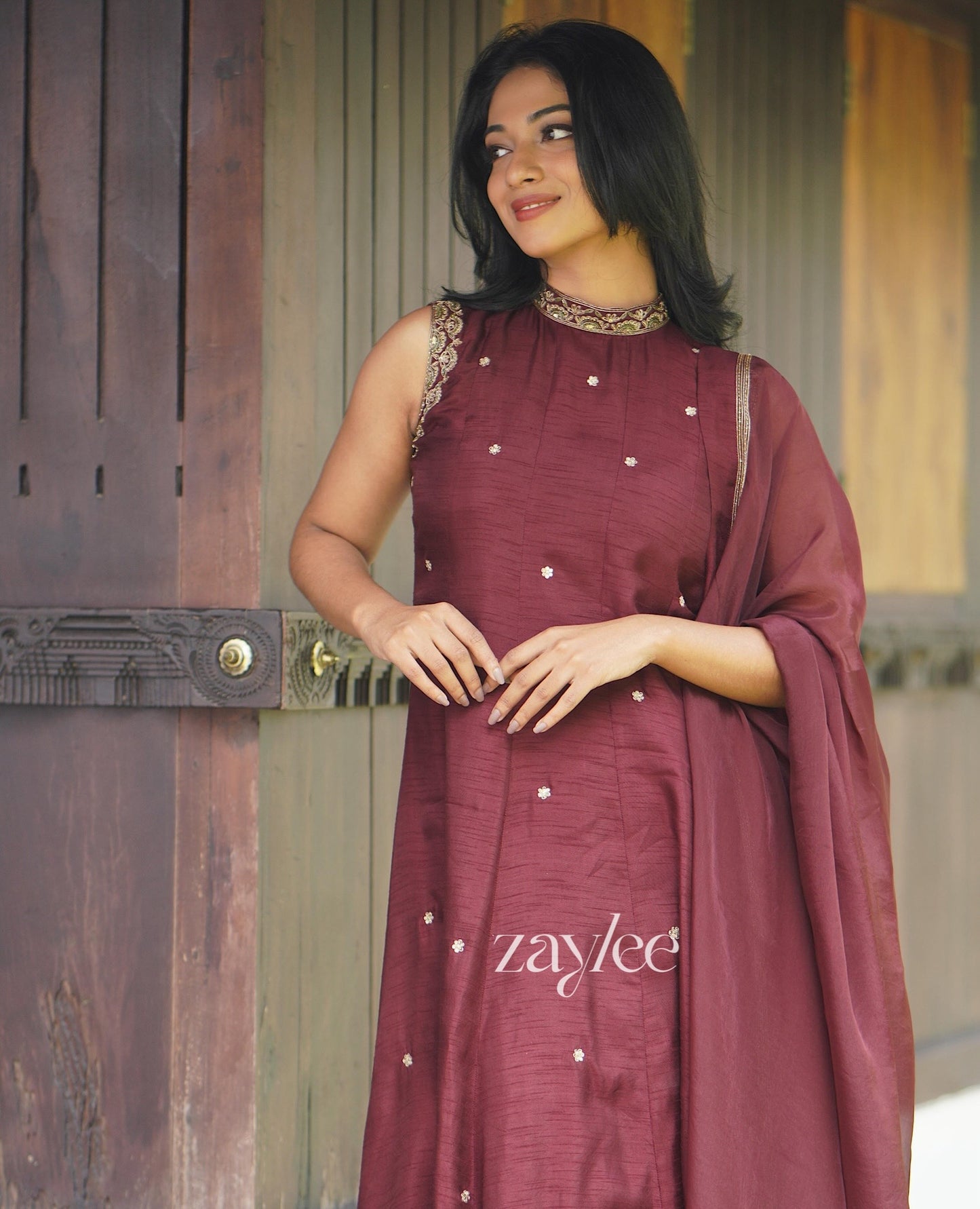 Brown Embellished Panelled Anarkali
