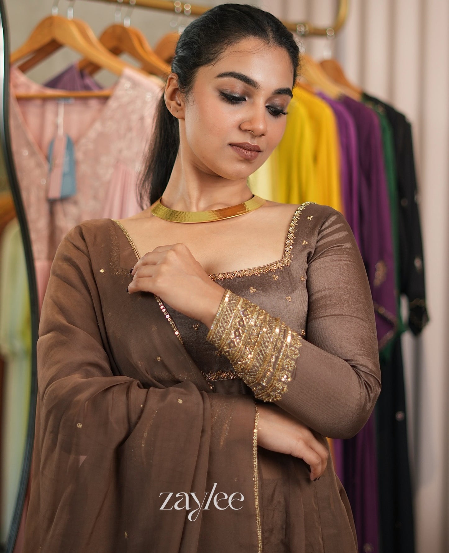 Truffle Brown Panelled Anarkali & Pants