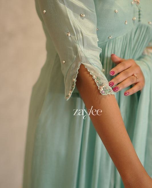 Frosty Mint Kurta With Pastel Embellishments