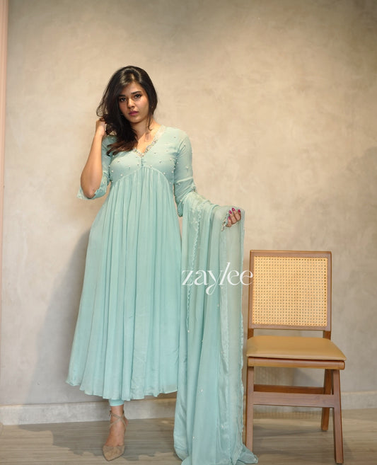 Frosty Mint Kurta With Pastel Embellishments