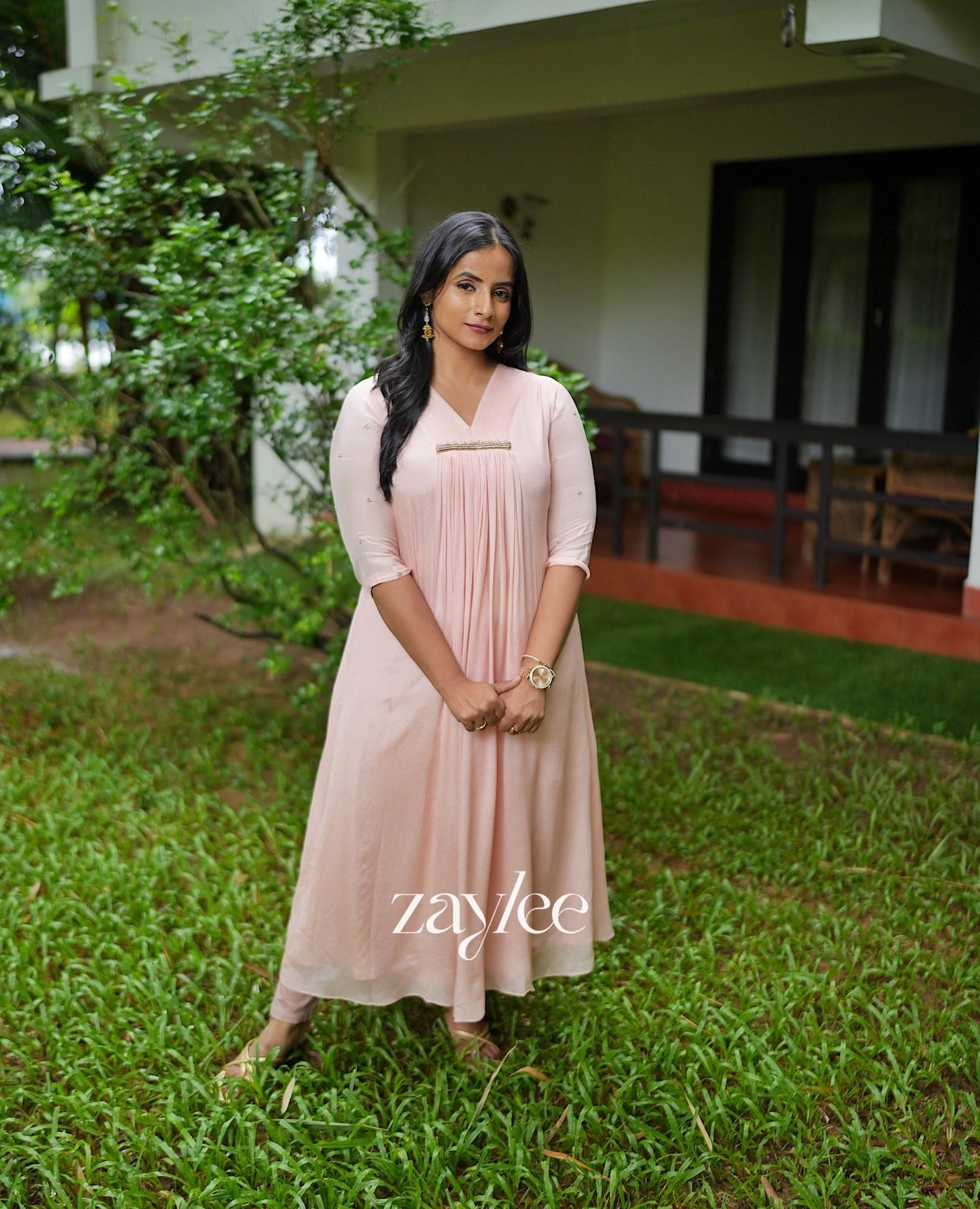 Peach Pink Pleated Kurta
