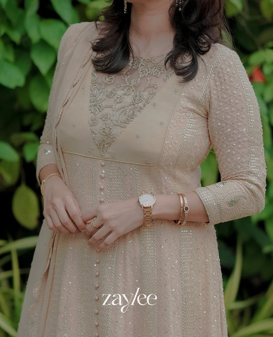 Beige Chikankari Anarkali With Highlights
