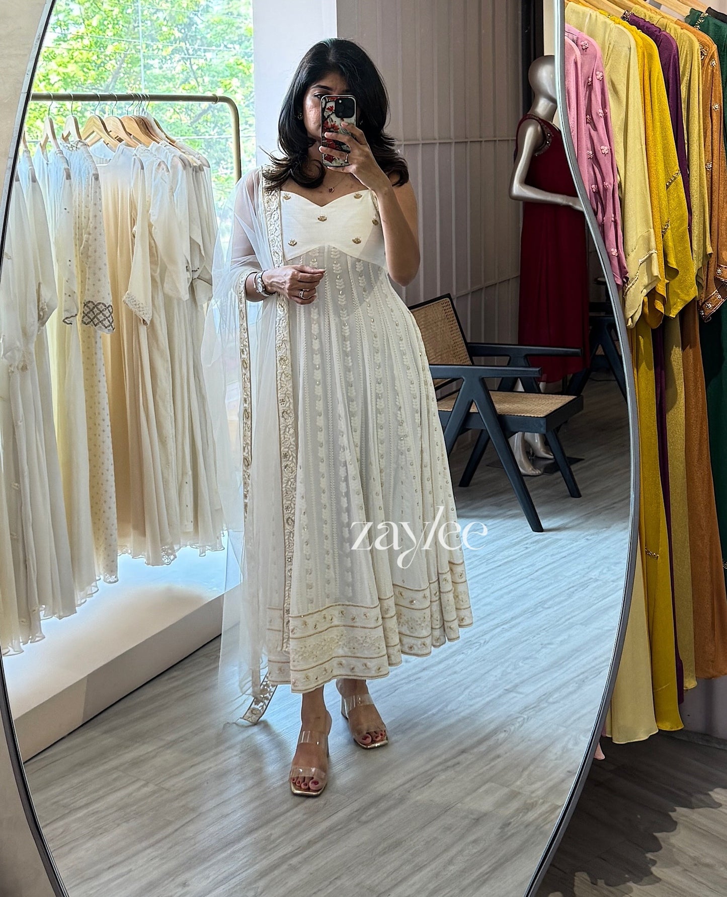 Off White Chikankari Panel Anarkali & Net dupatta