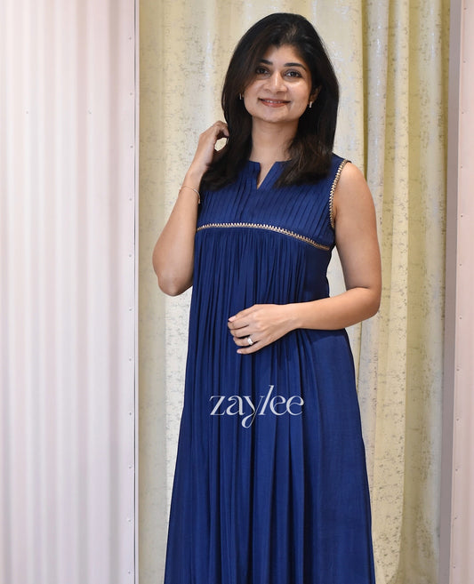 Blue Pleated Yoke Kurta