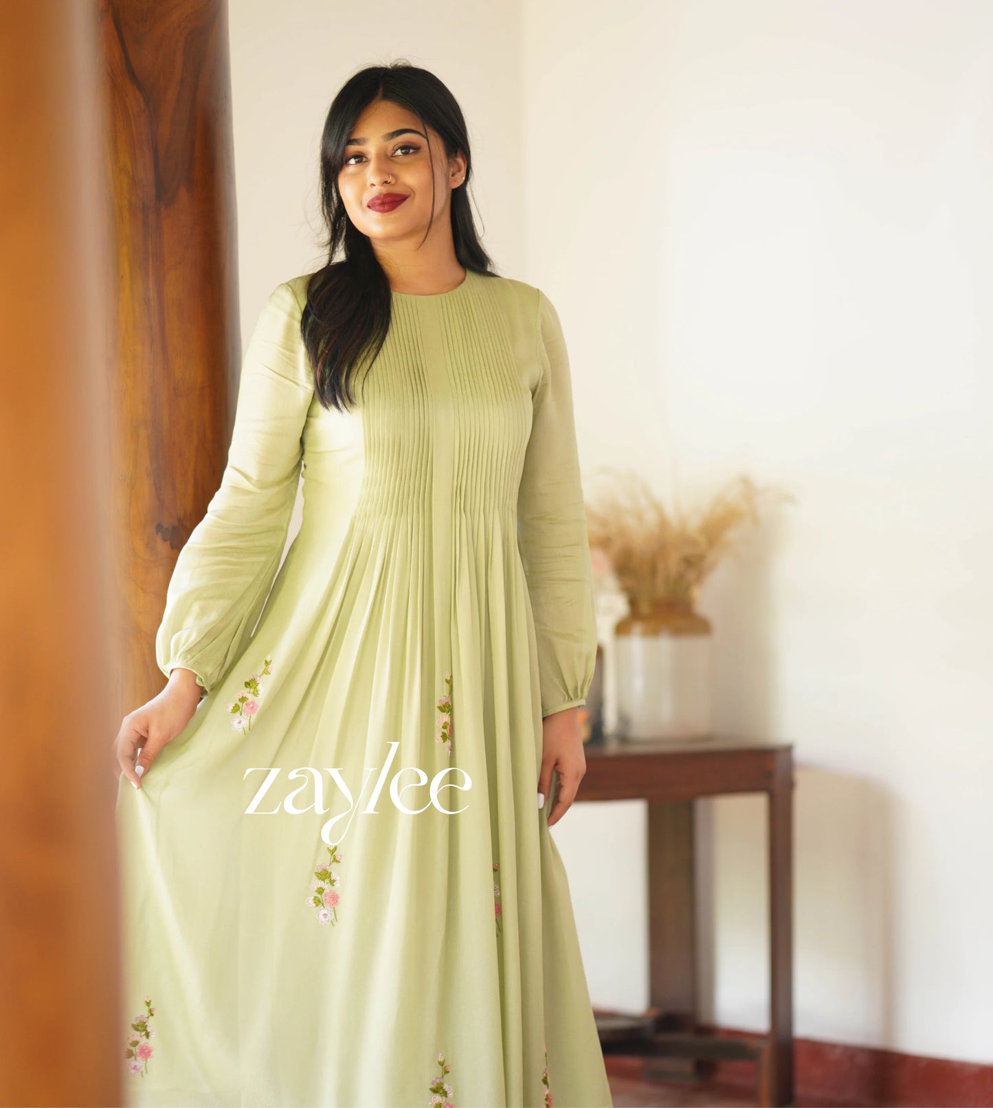 Pista Green Pleated Dress – Zaylee Designs