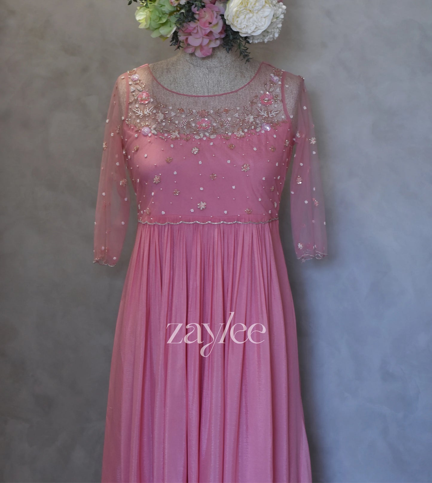 Pink Embellished Kurta With Net Yoke