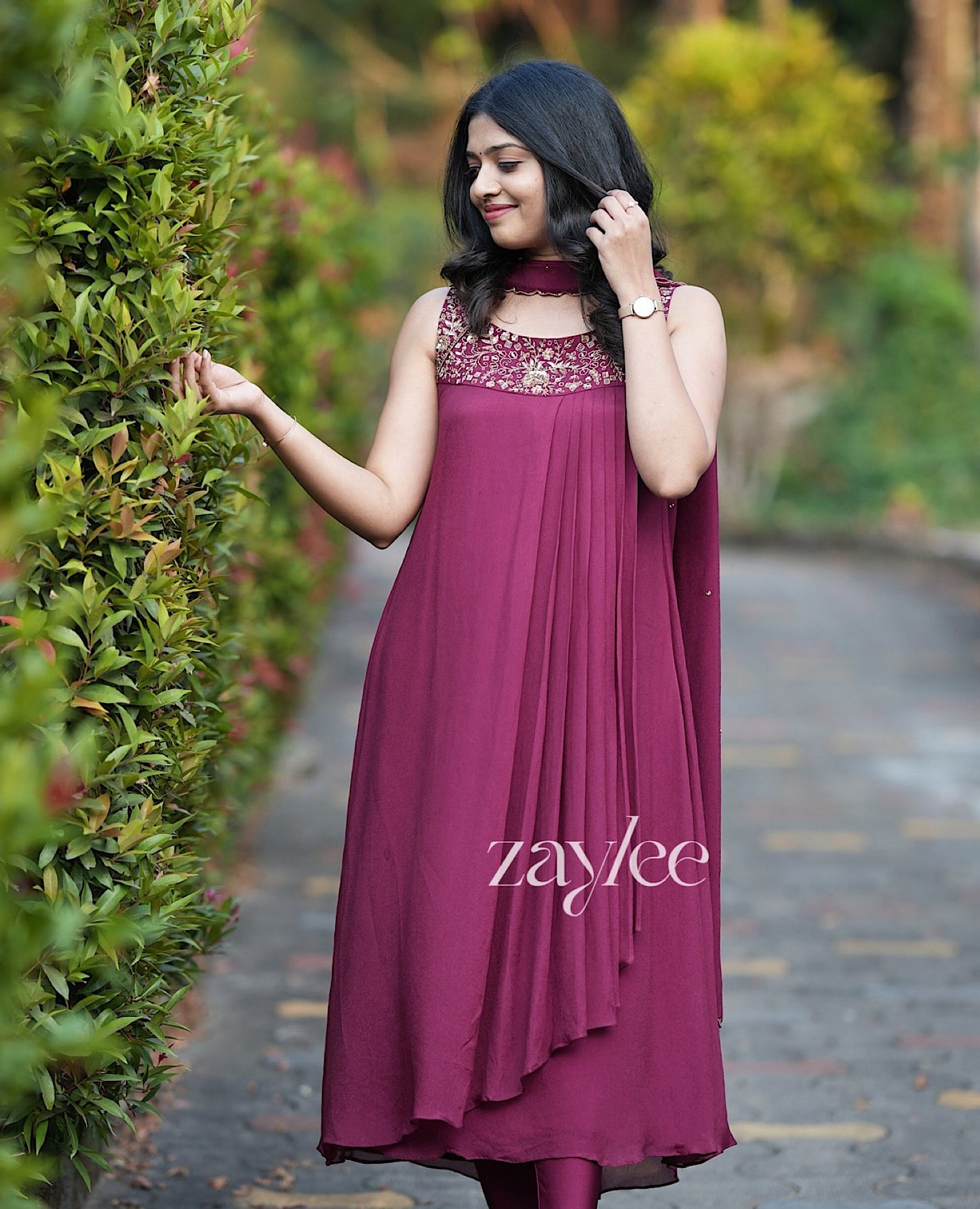 Deep Magenta Pleated Embellished Kurta