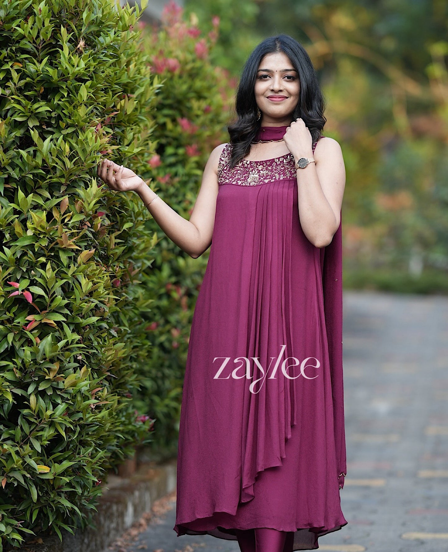 Deep Magenta Pleated Embellished Kurta