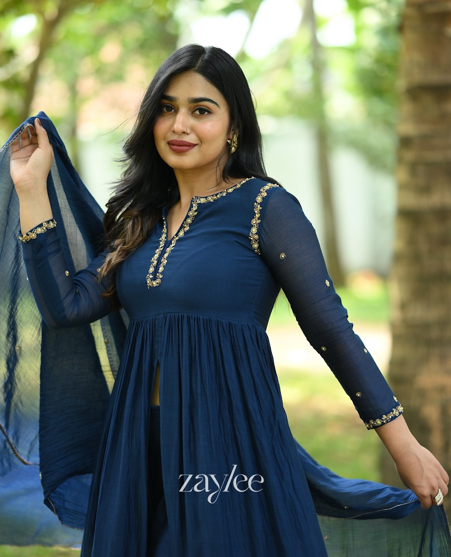 Midnight Blue Chandheri Silk Kurta & Pants