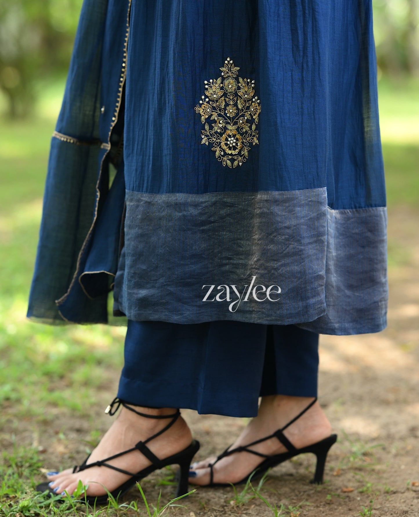 Midnight Blue Chandheri Silk Kurta & Pants
