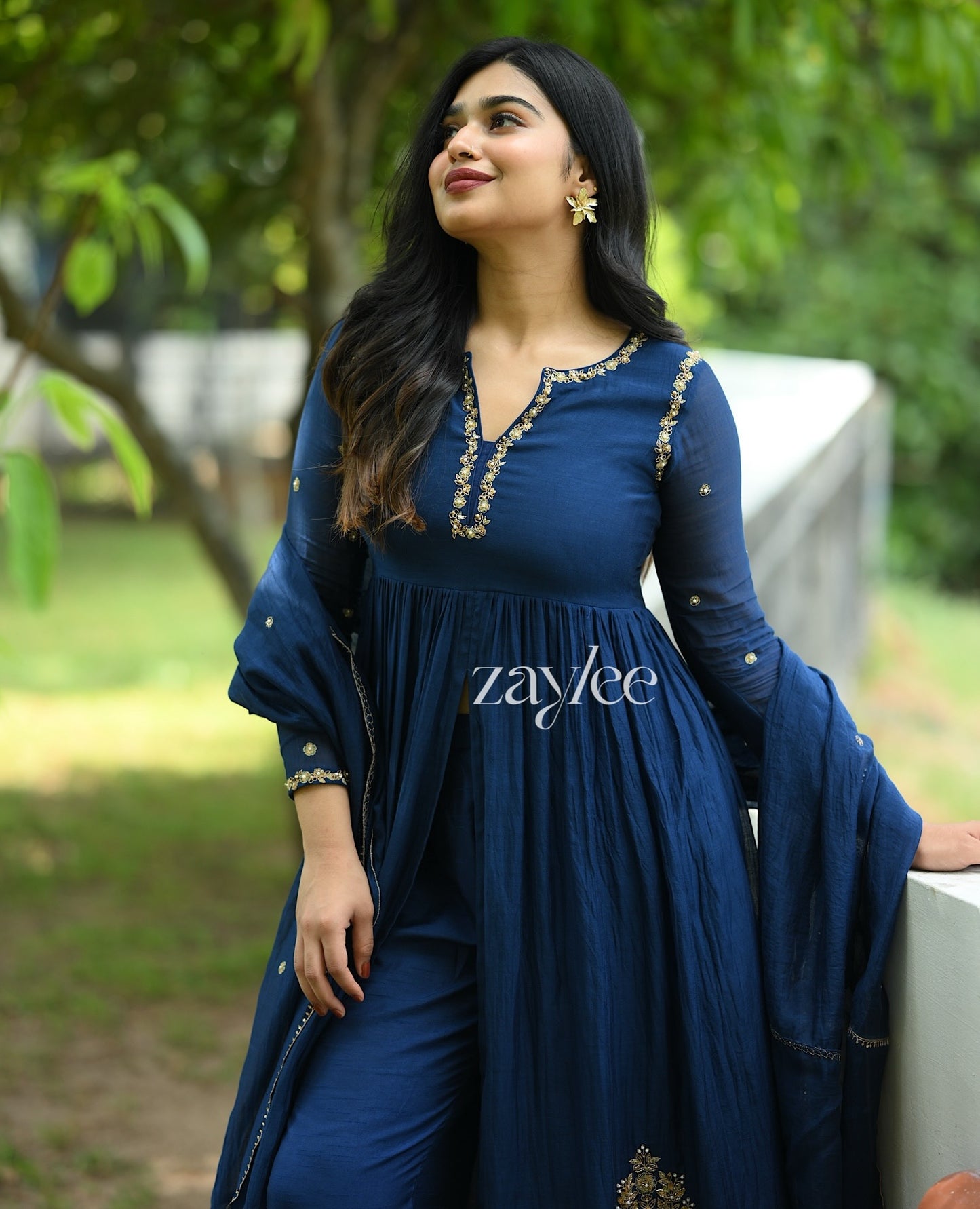 Midnight Blue Chandheri Silk Kurta & Pants