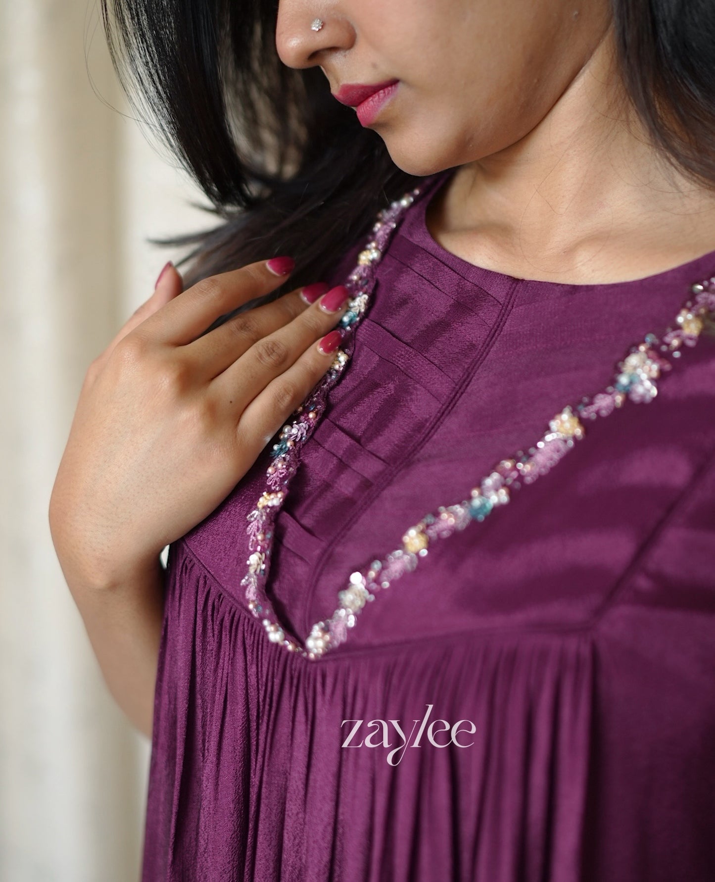 Wine Kurta with Bead Embellishments