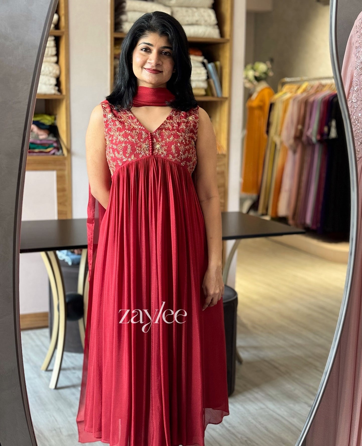 Crimson Red Zari Embellished Gathered kurta