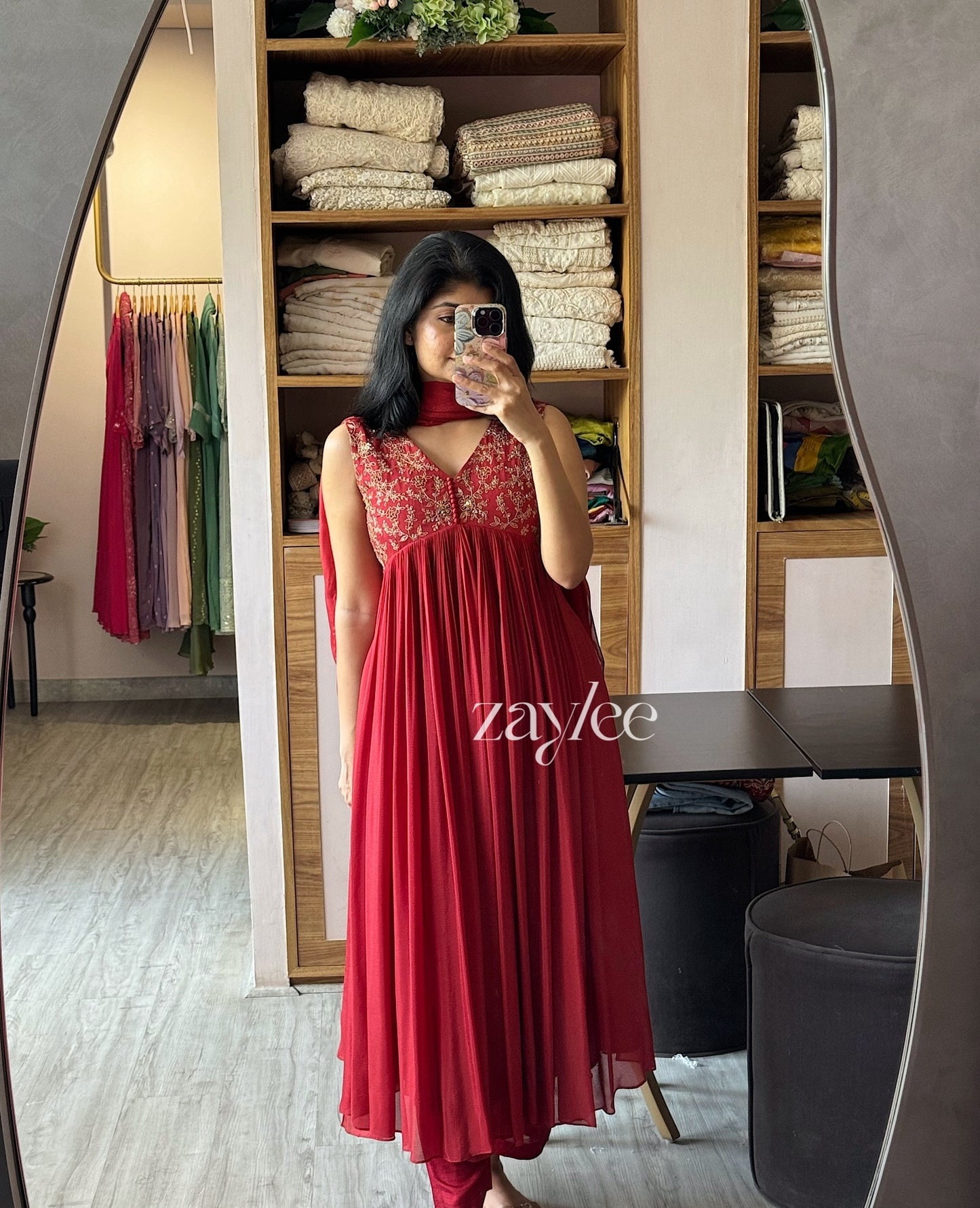 Crimson Red Zari Embellished Gathered kurta