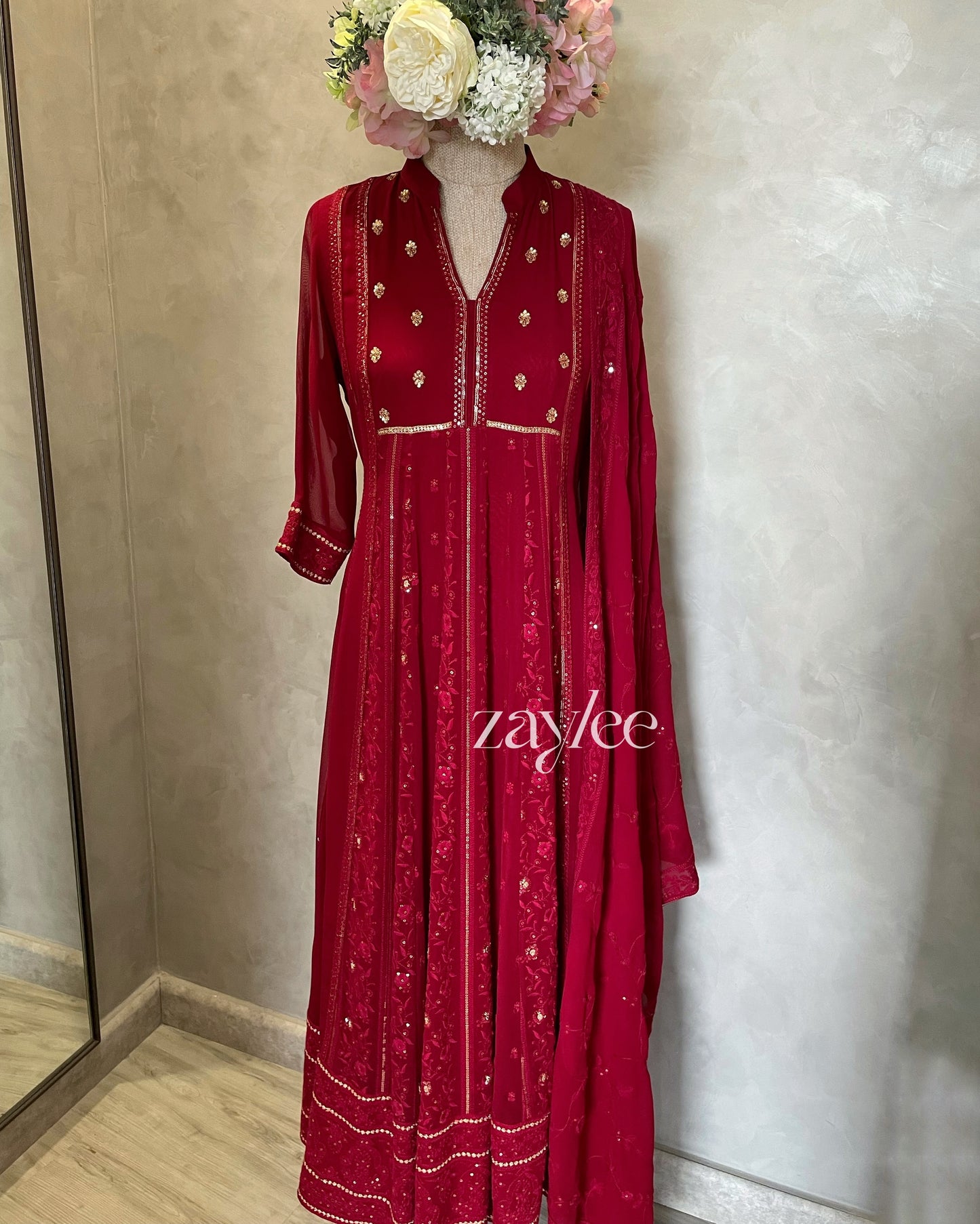 Red Chikankari Anarkali