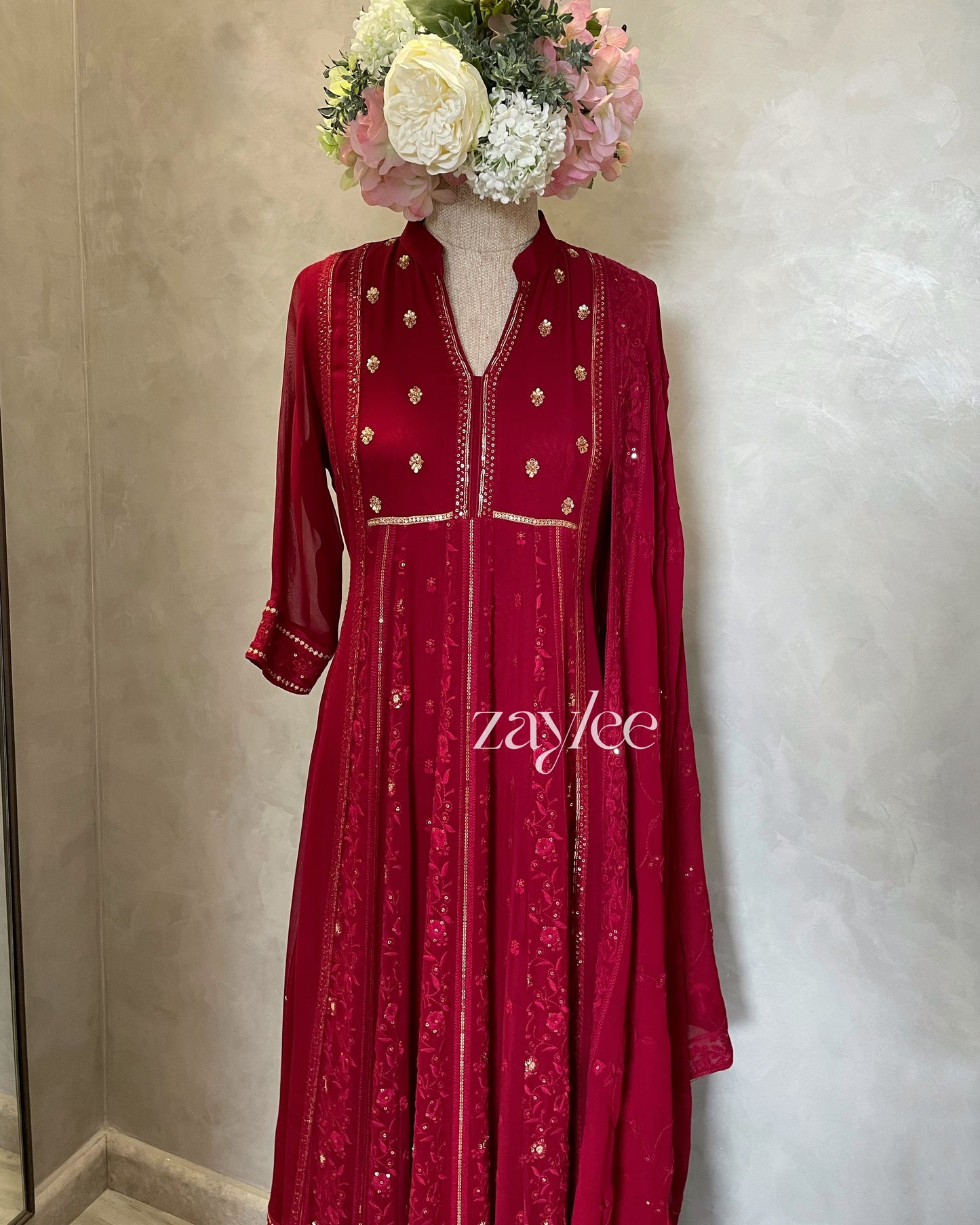 Red Chikankari Anarkali