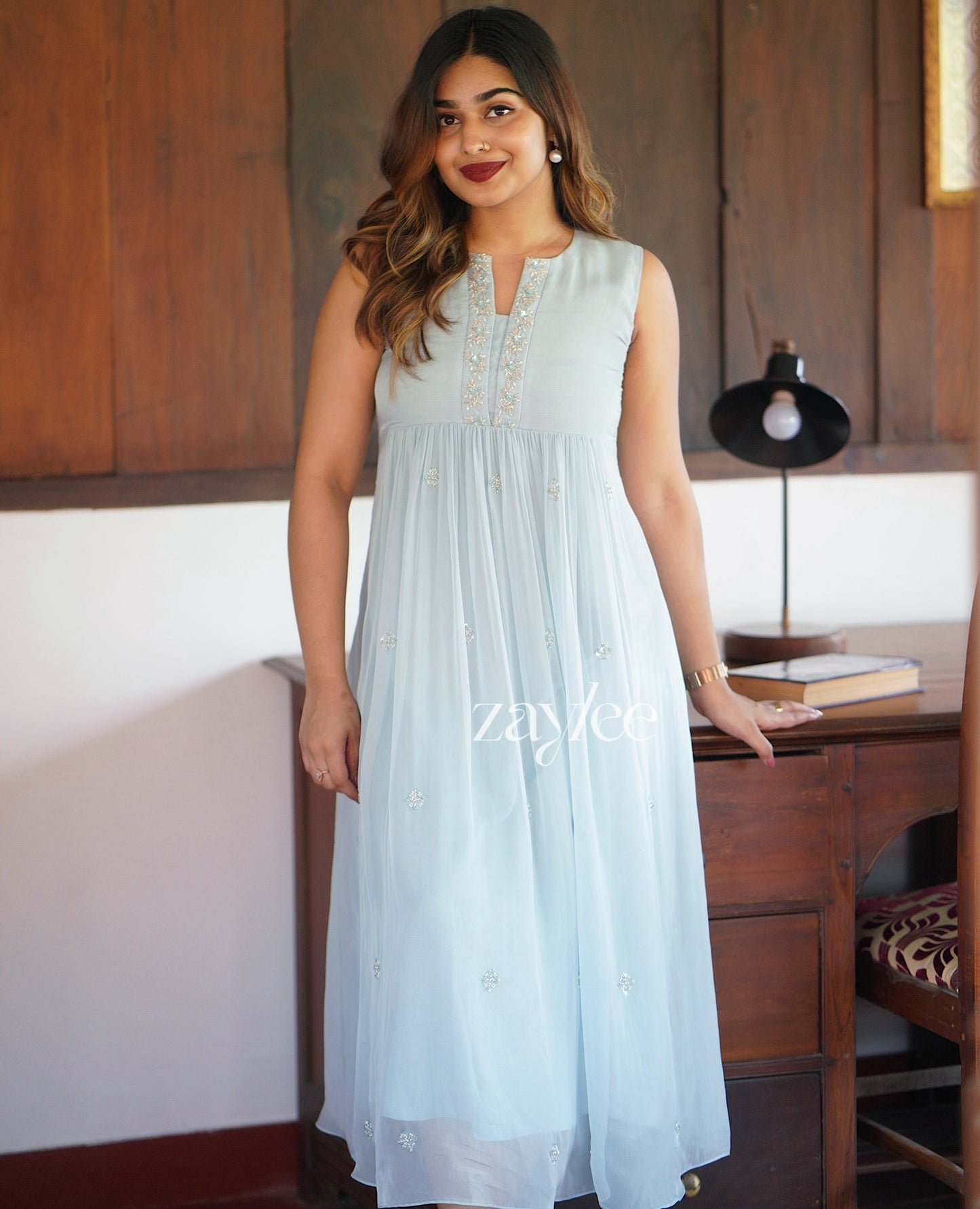 Powder Blue Embellished Organza Kurta