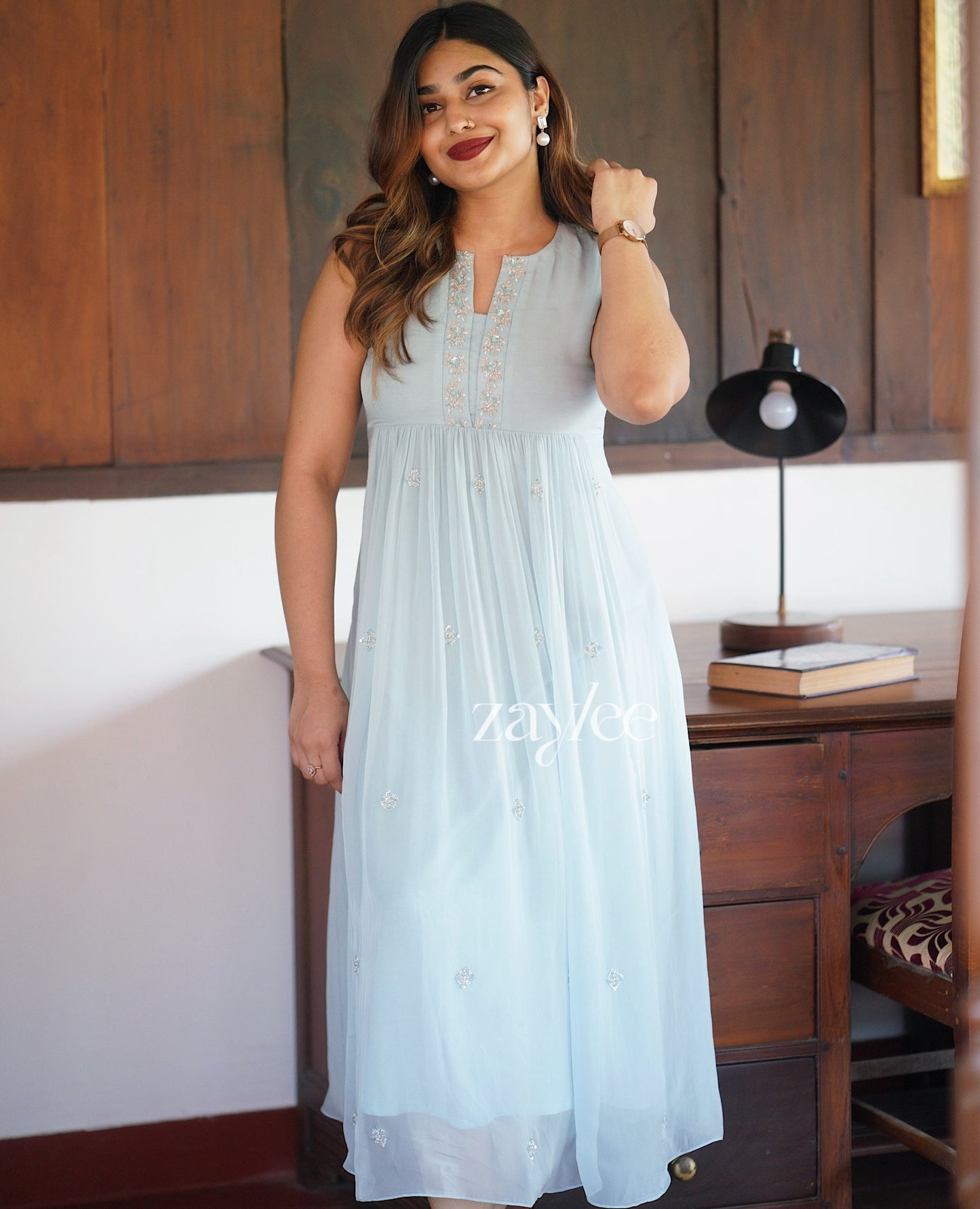 Powder Blue Embellished Organza Kurta