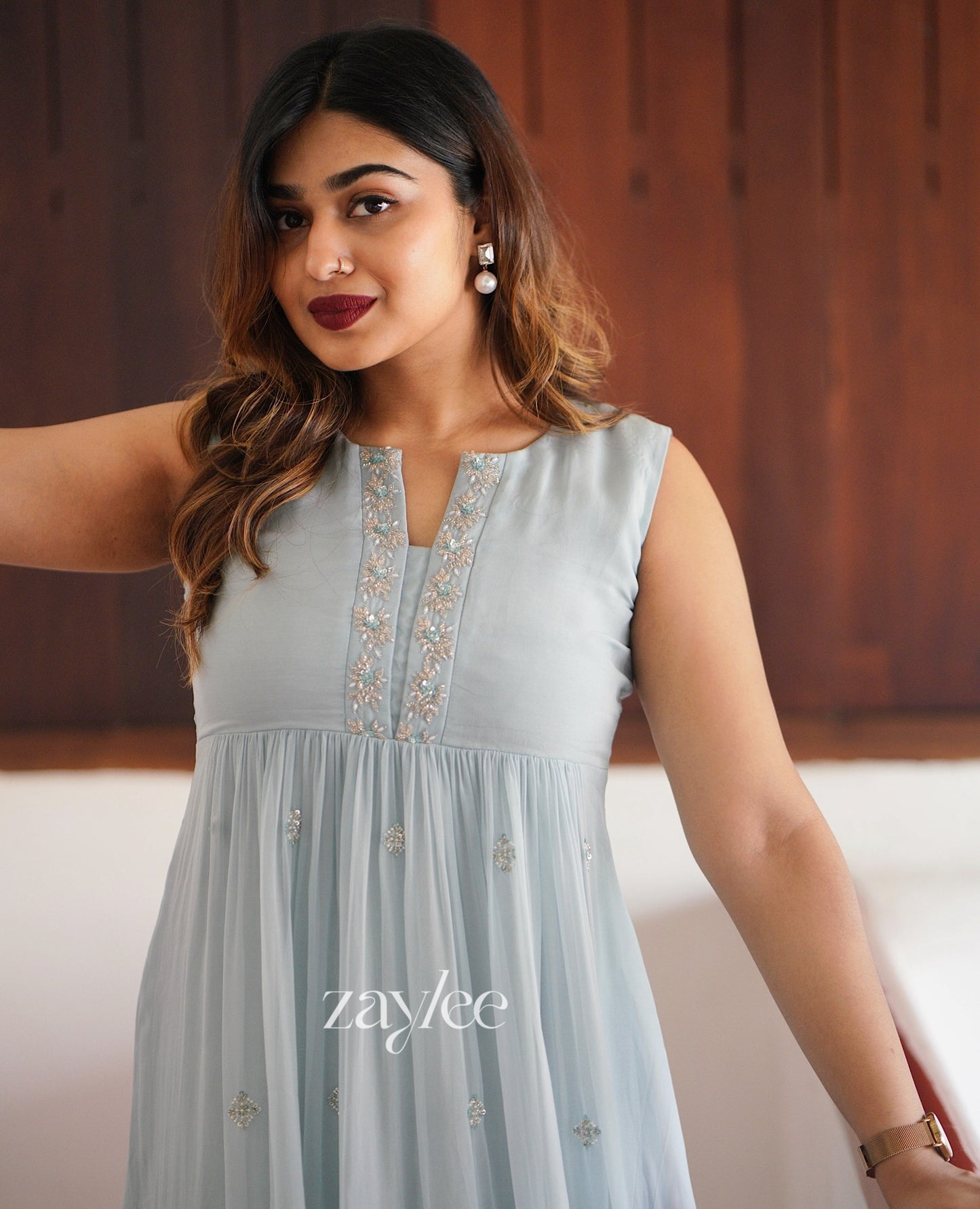 Powder Blue Embellished Organza Kurta