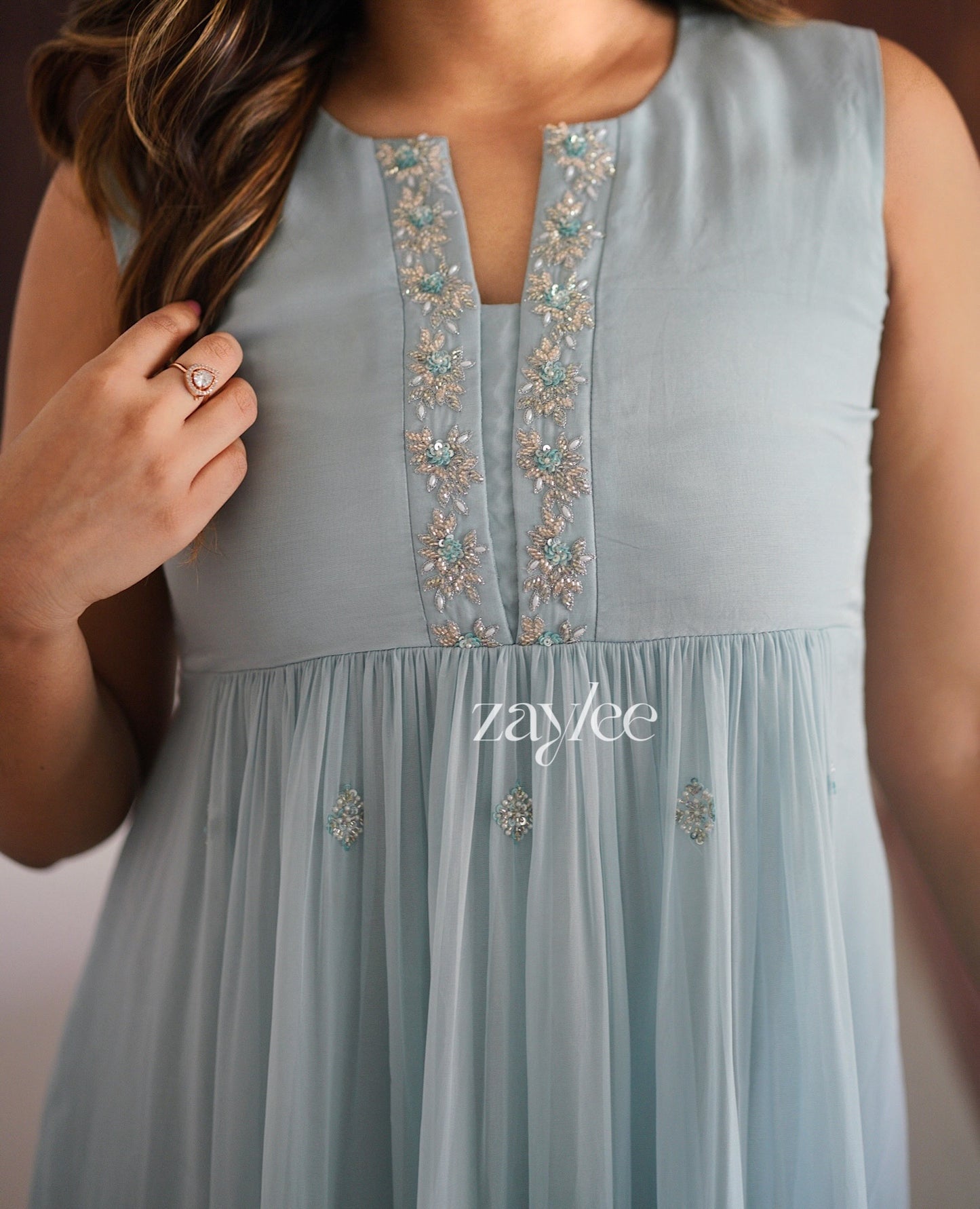 Powder Blue Embellished Organza Kurta