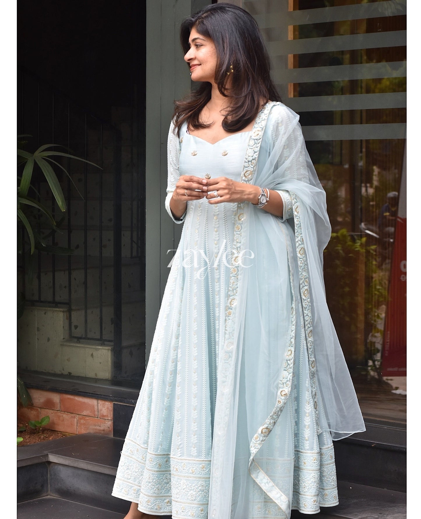 Powder Blue Chikankari Panel Anarkali & Net dupatta