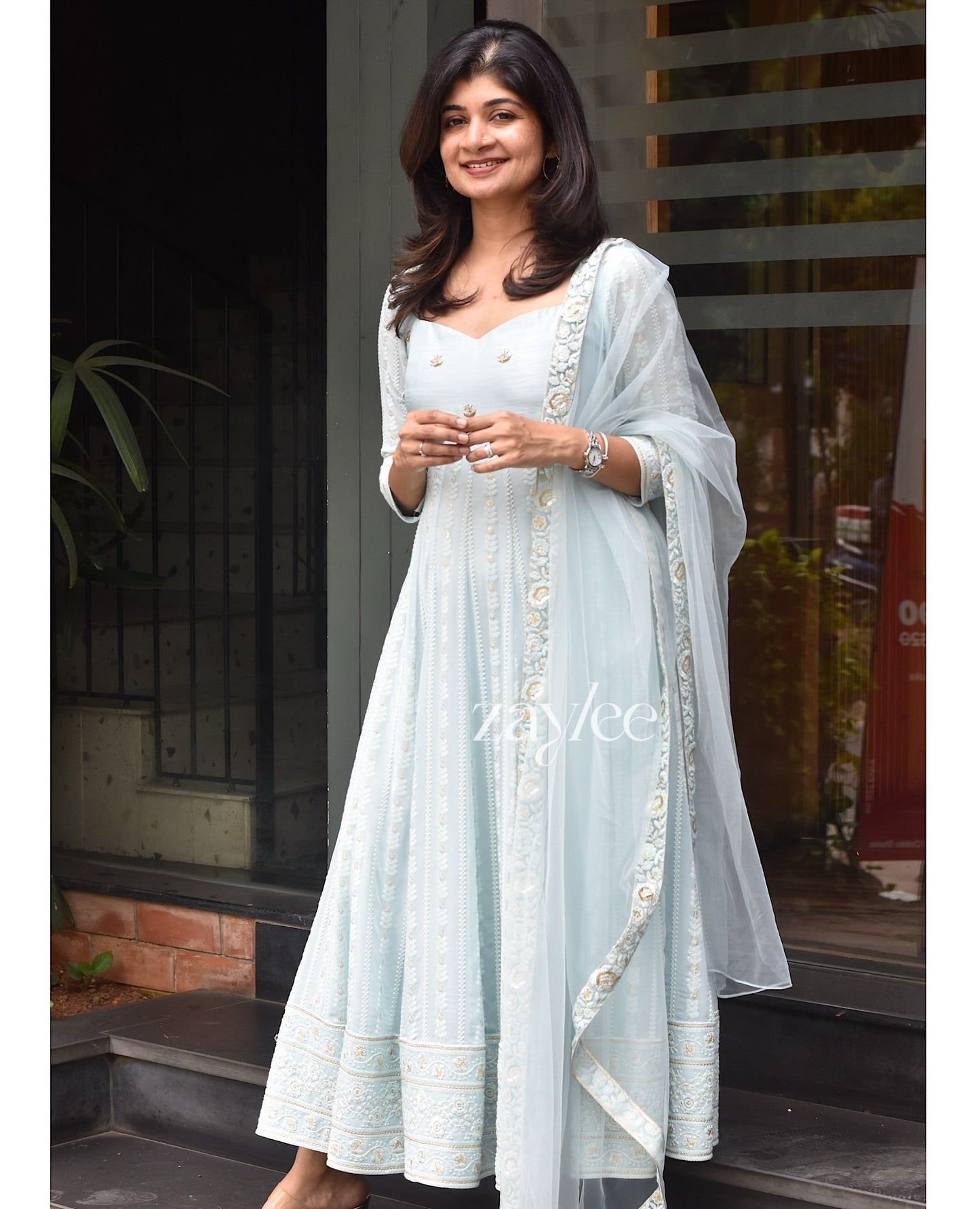Powder Blue Chikankari Panel Anarkali & Net dupatta