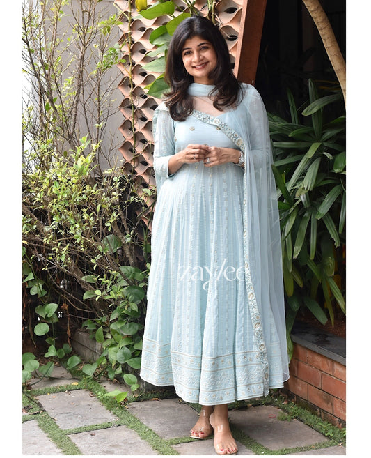 Powder Blue Chikankari Panel Anarkali & Net dupatta