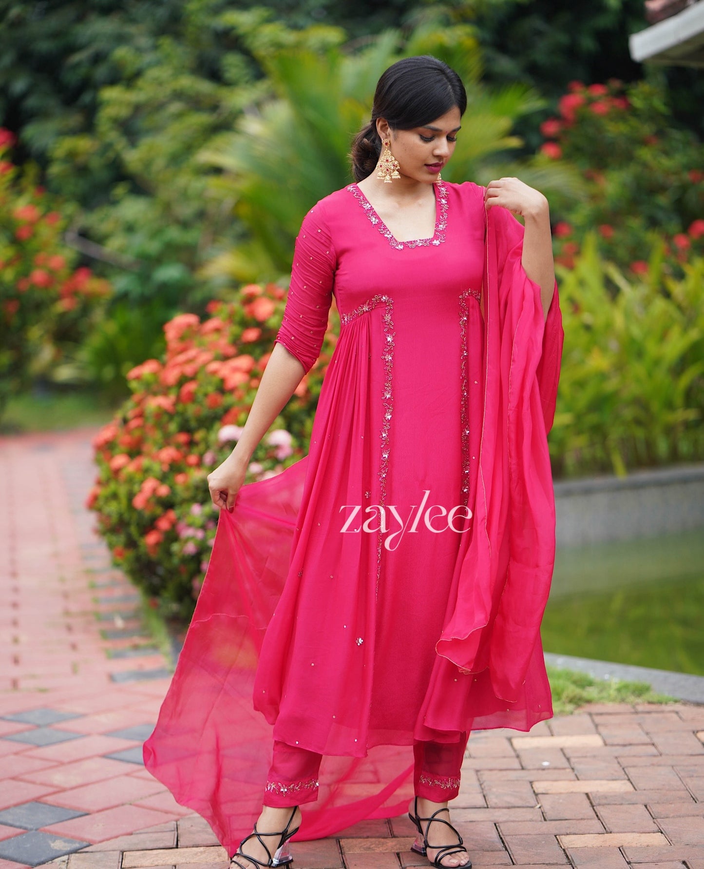 Rani Pink embellished Side Gathered Kurta