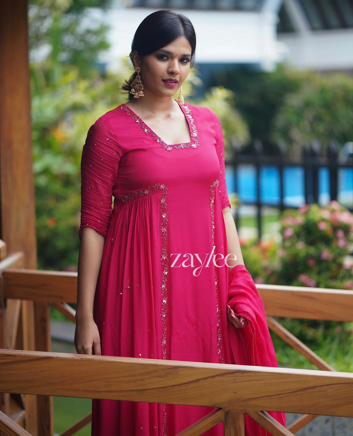 Rani Pink embellished Side Gathered Kurta