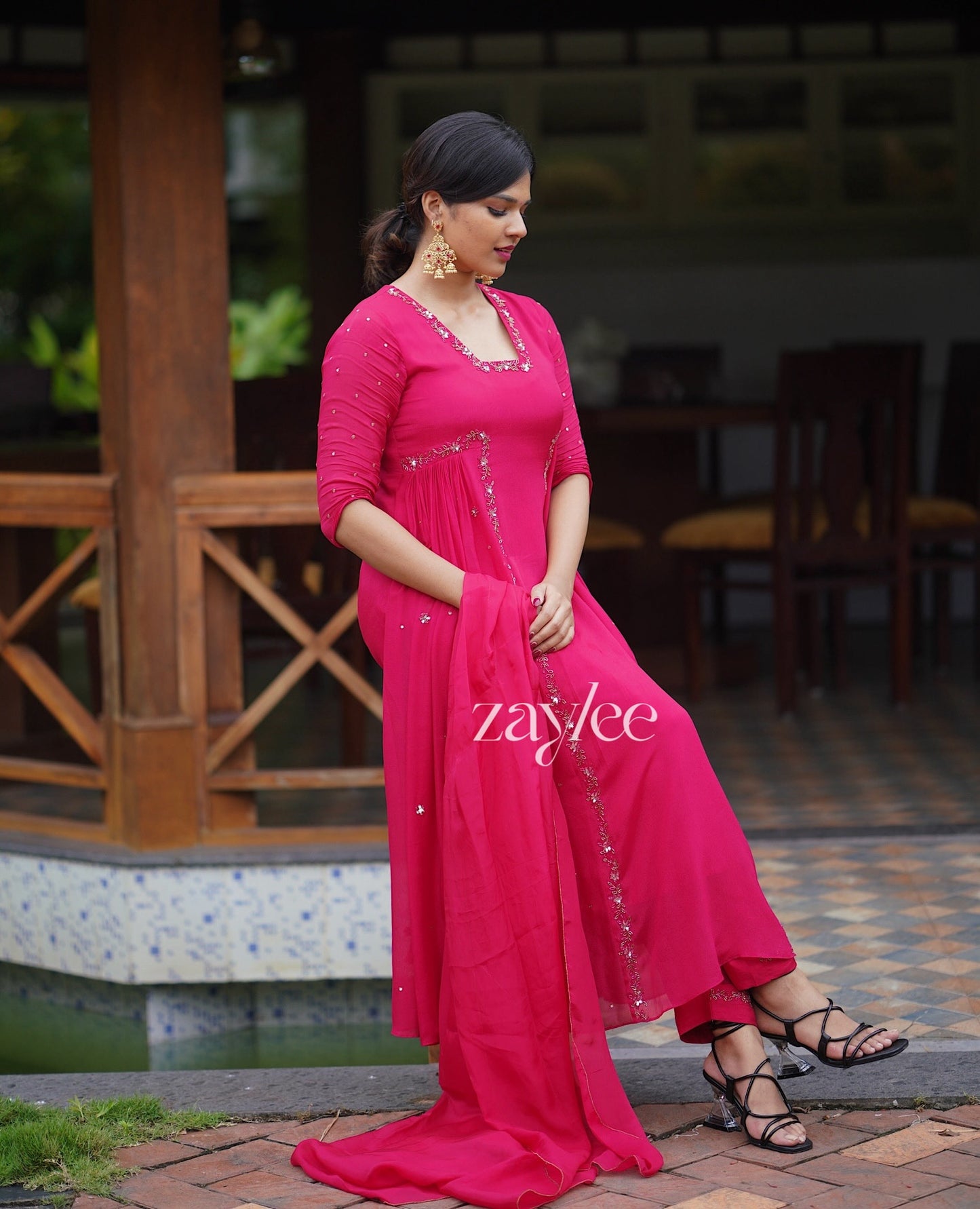 Rani Pink embellished Side Gathered Kurta