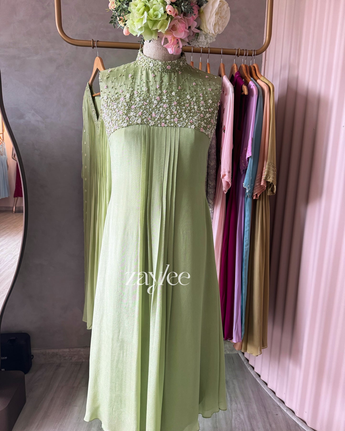 Pista Green Box-pleat embroidered Kurta