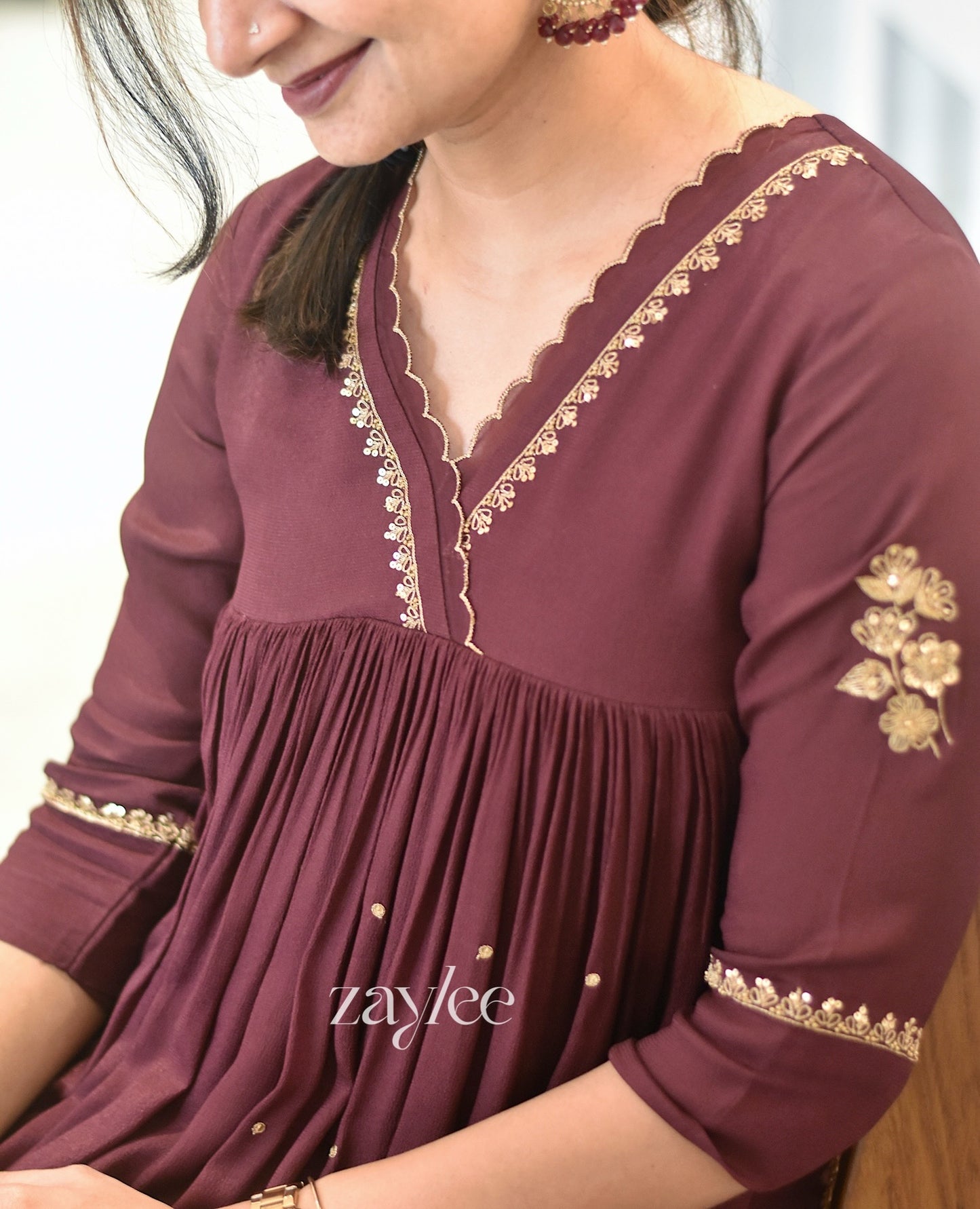 Deep Brown Gathered Kurta with Scalloped Neckline