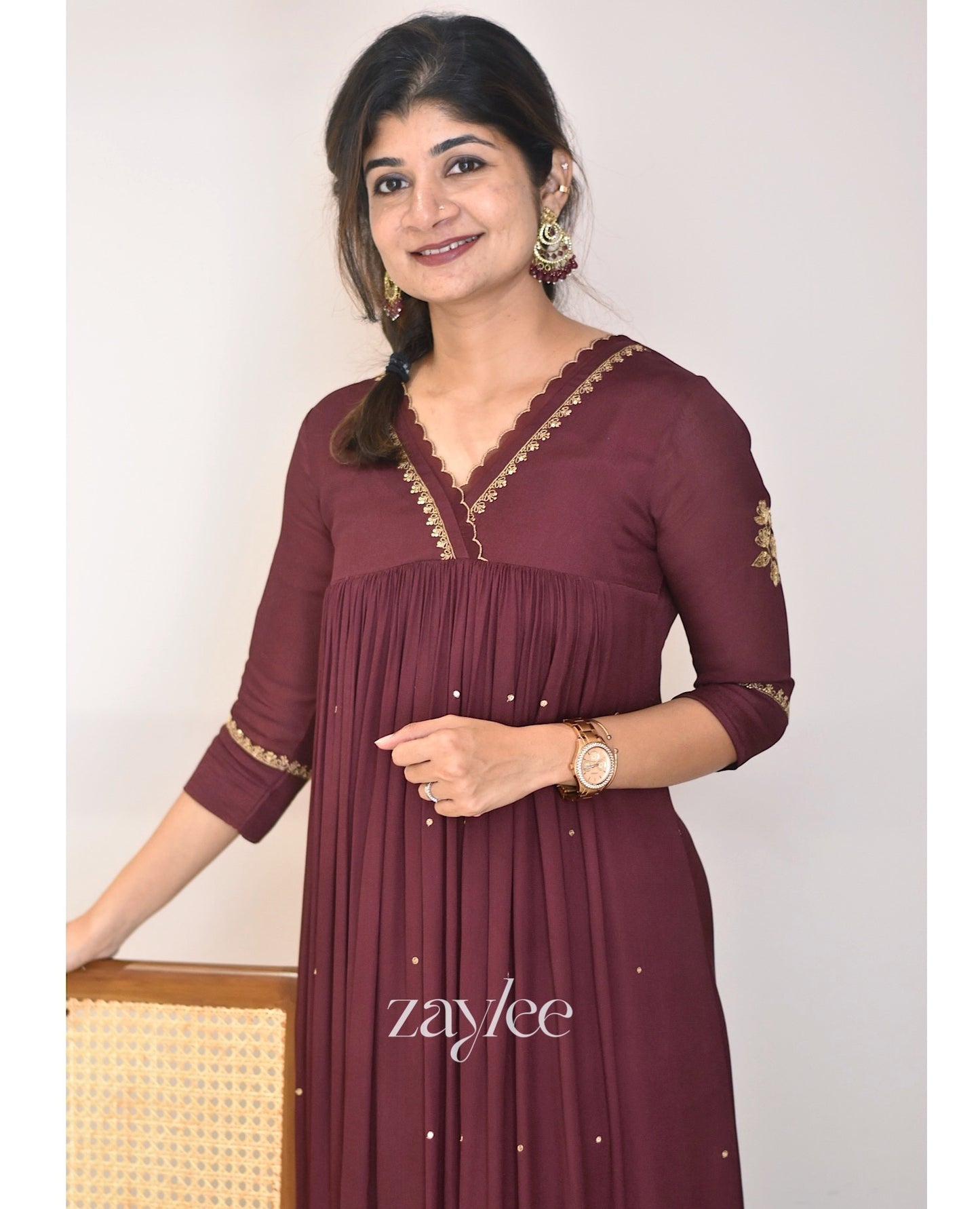 Deep Brown Gathered Kurta with Scalloped Neckline