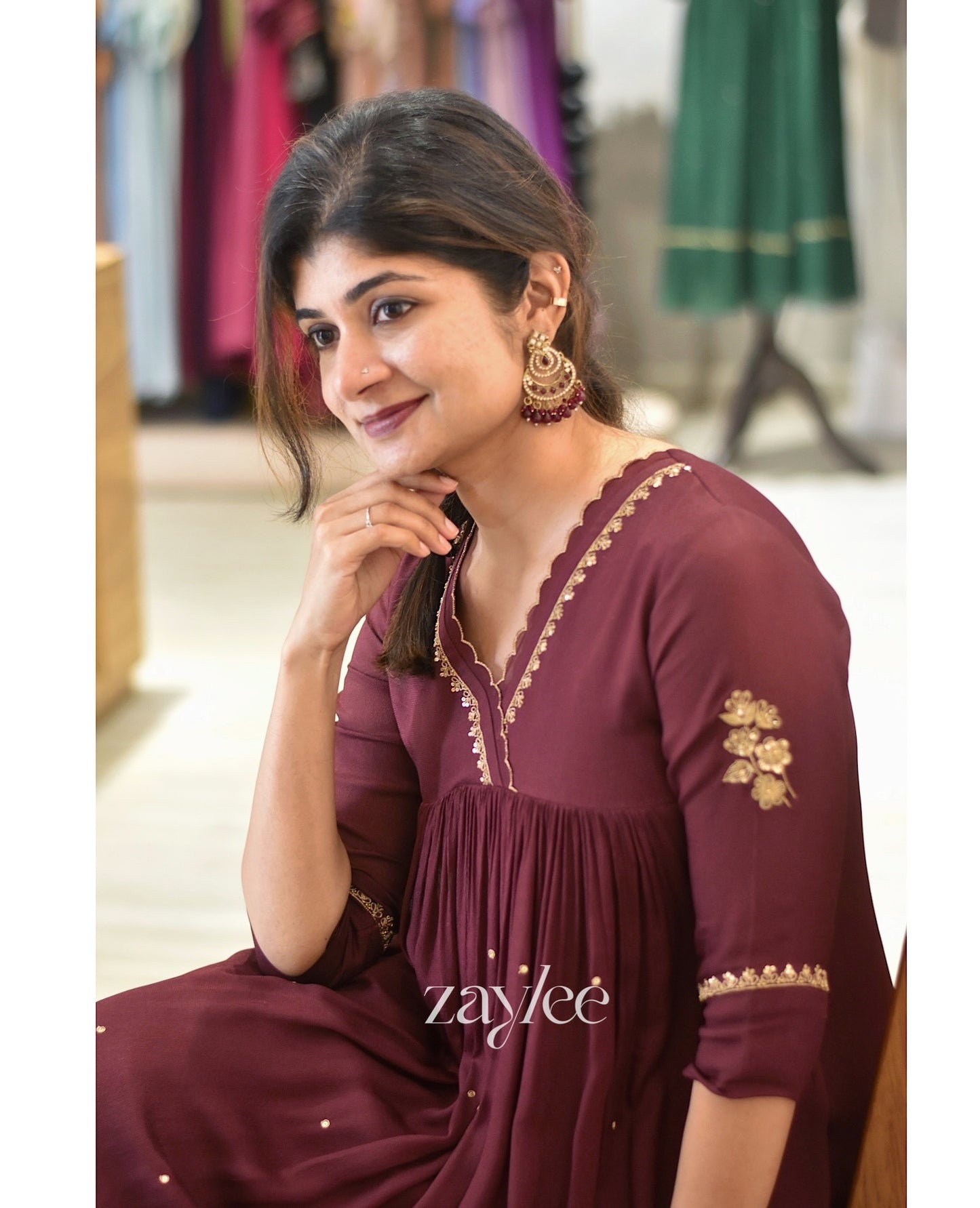 Deep Brown Gathered Kurta with Scalloped Neckline