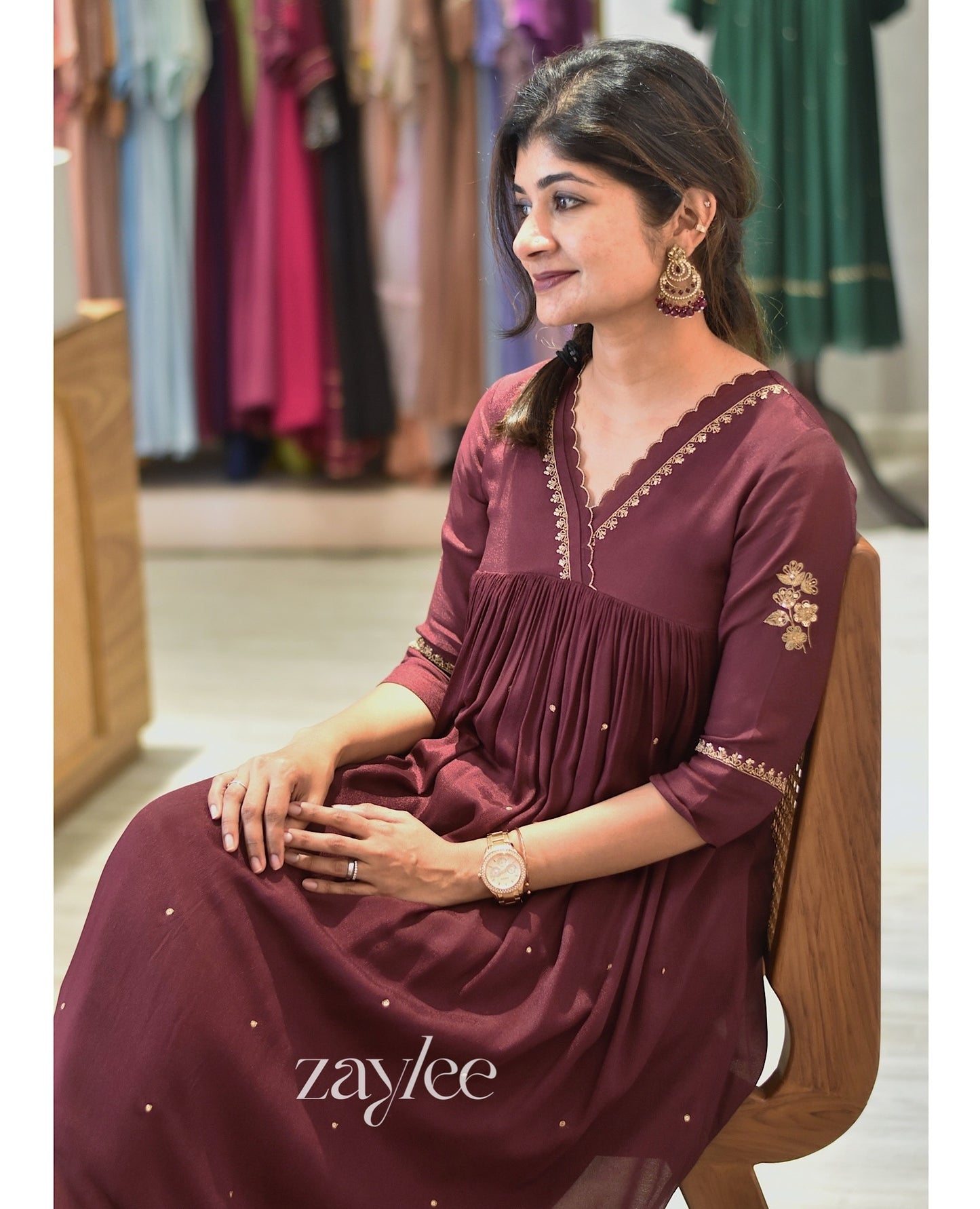 Deep Brown Gathered Kurta with Scalloped Neckline
