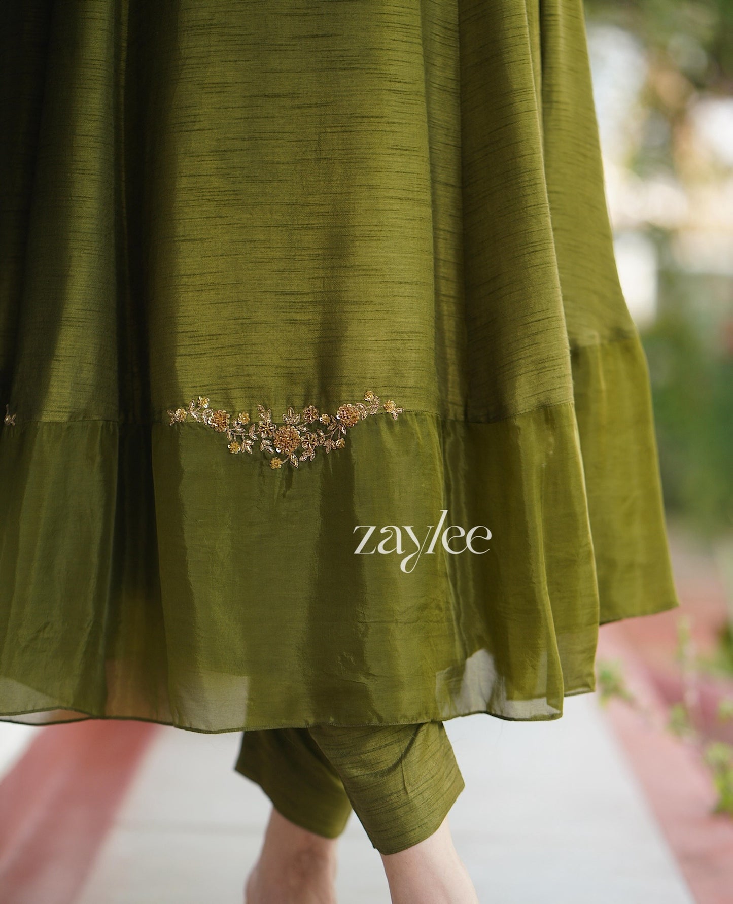 Olive Green Embellished Silk Anarkali