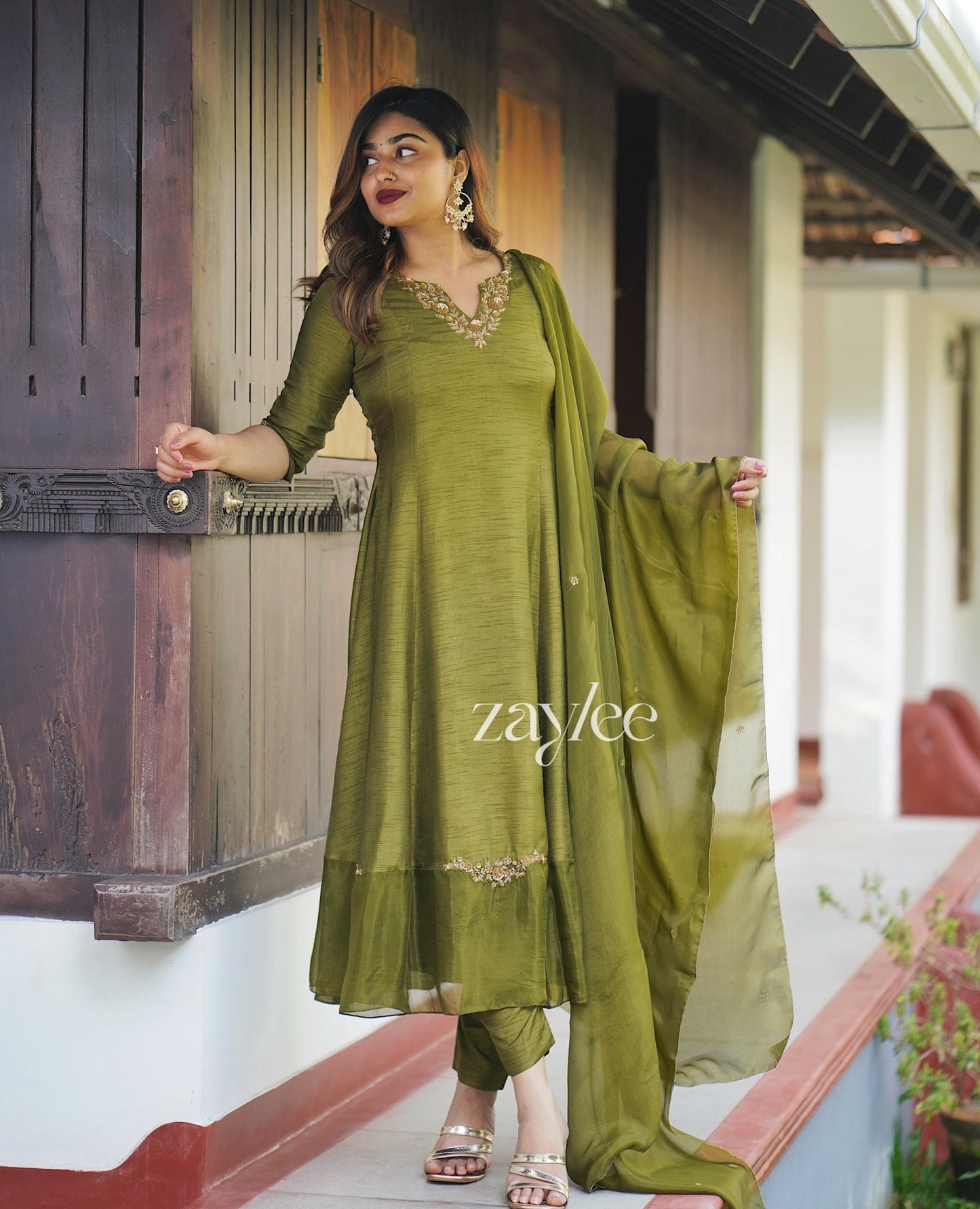 Olive Green Embellished Silk Anarkali