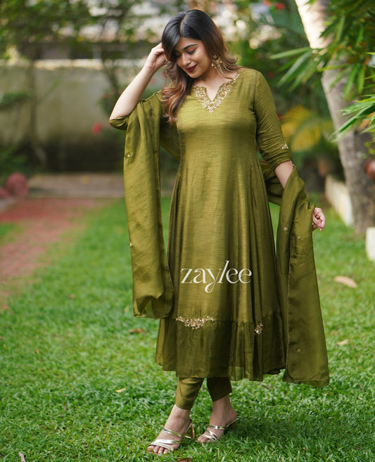 Olive Green Embellished Silk Anarkali