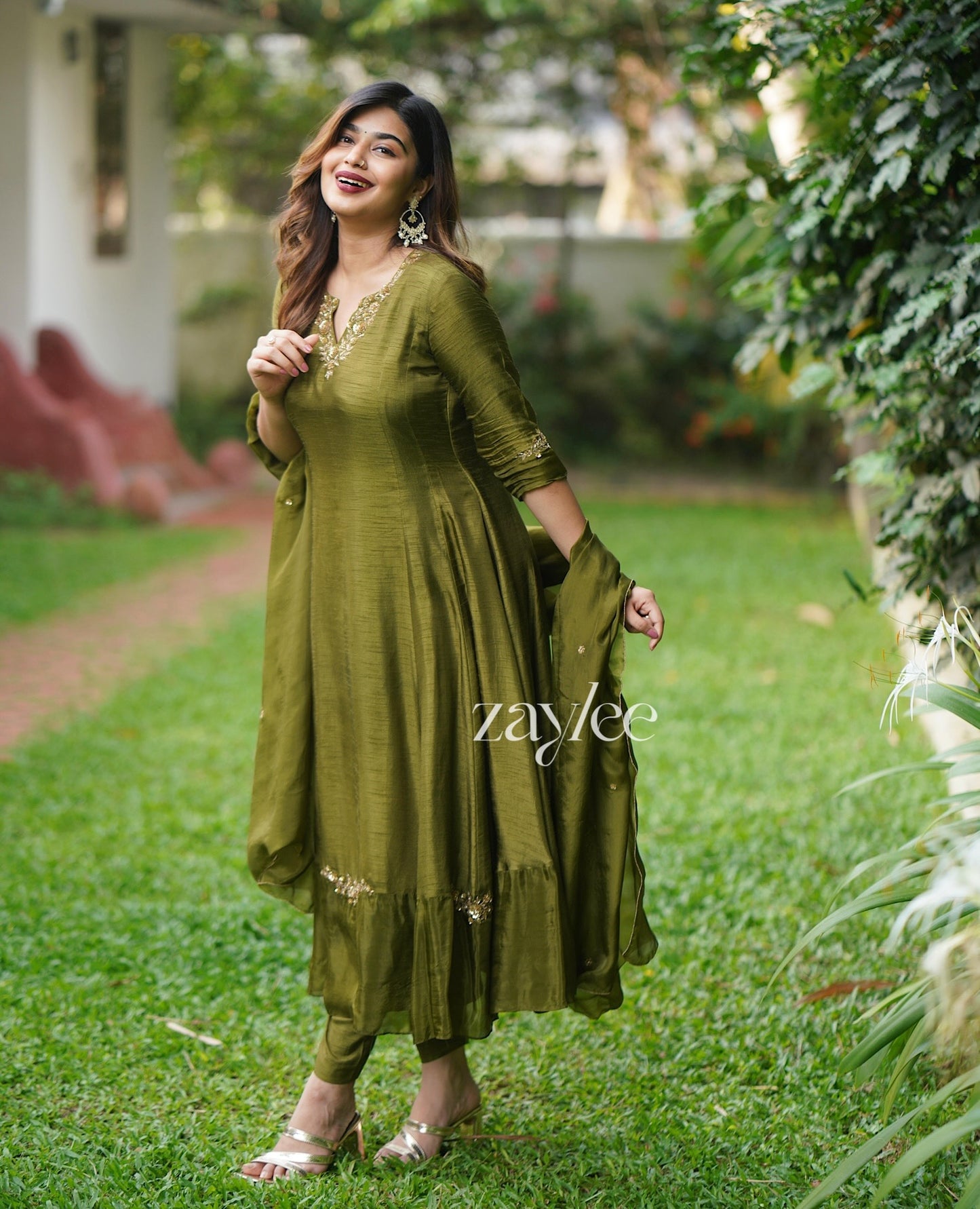 Olive Green Embellished Silk Anarkali