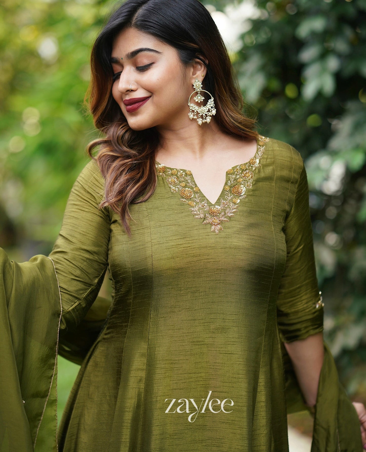 Olive Green Embellished Silk Anarkali