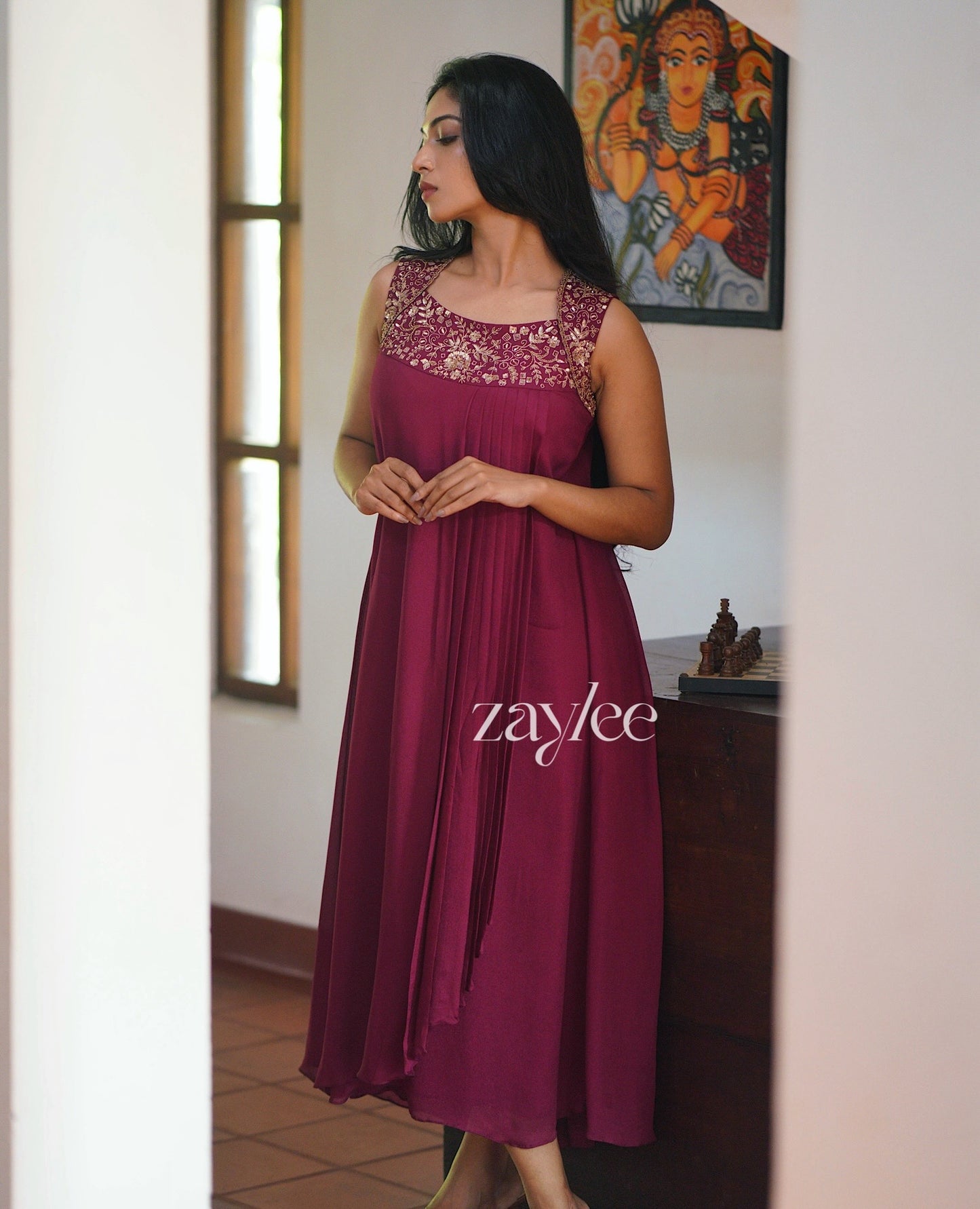 Deep Magenta Pleated Embellished Kurta