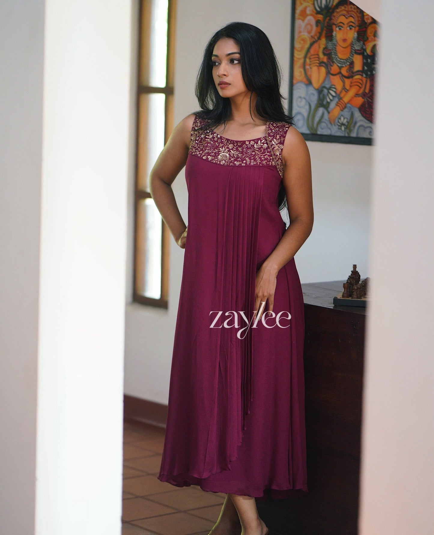 Deep Magenta Pleated Embellished Kurta