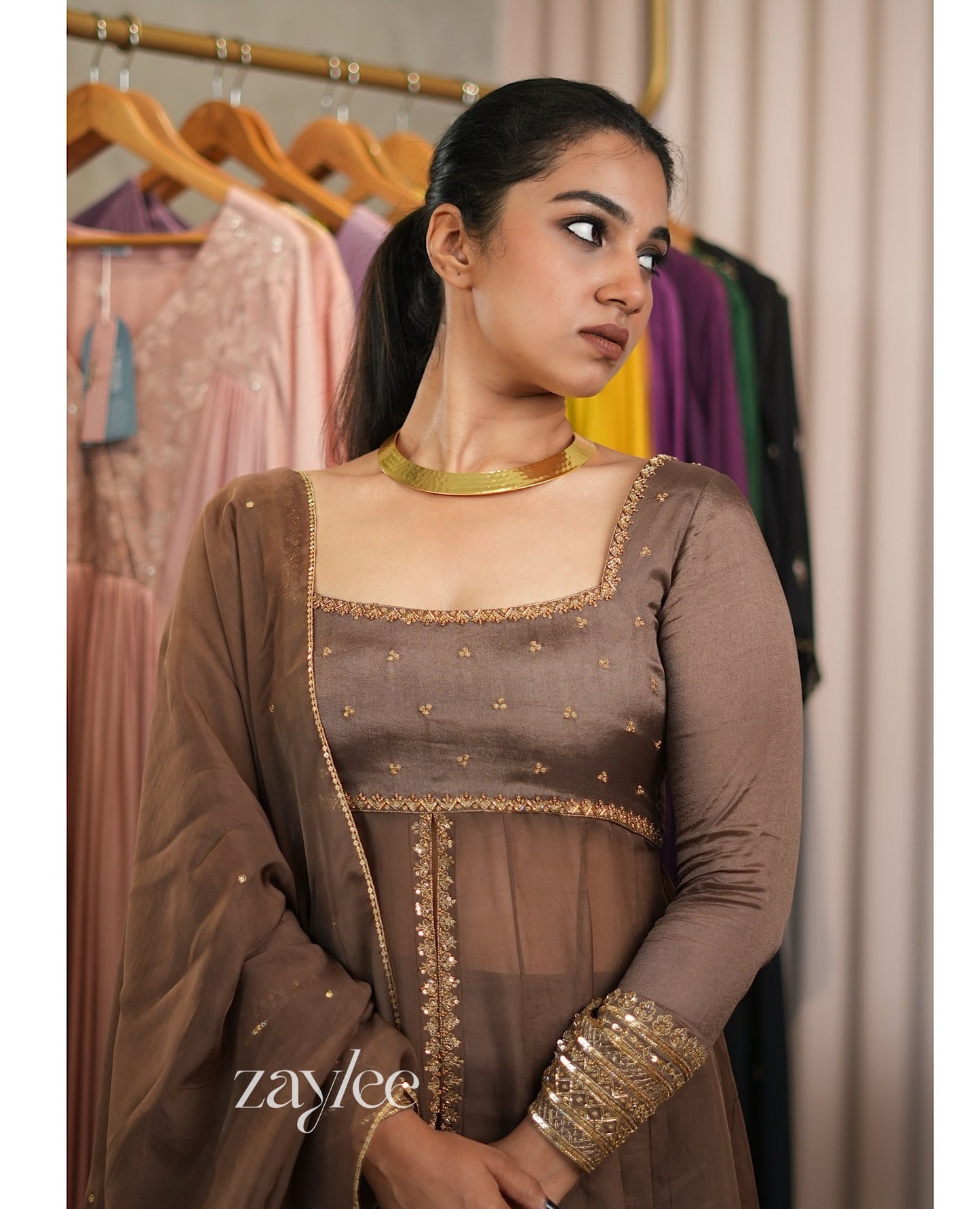 Truffle Brown Panelled Anarkali & Pants